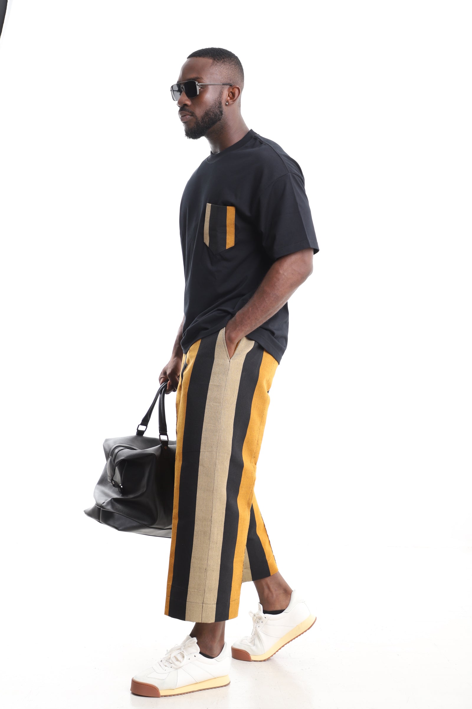 Men’s African Aso-Oke Two-Piece Set | Black Pocket T-Shirt & Mustard Yellow Pants