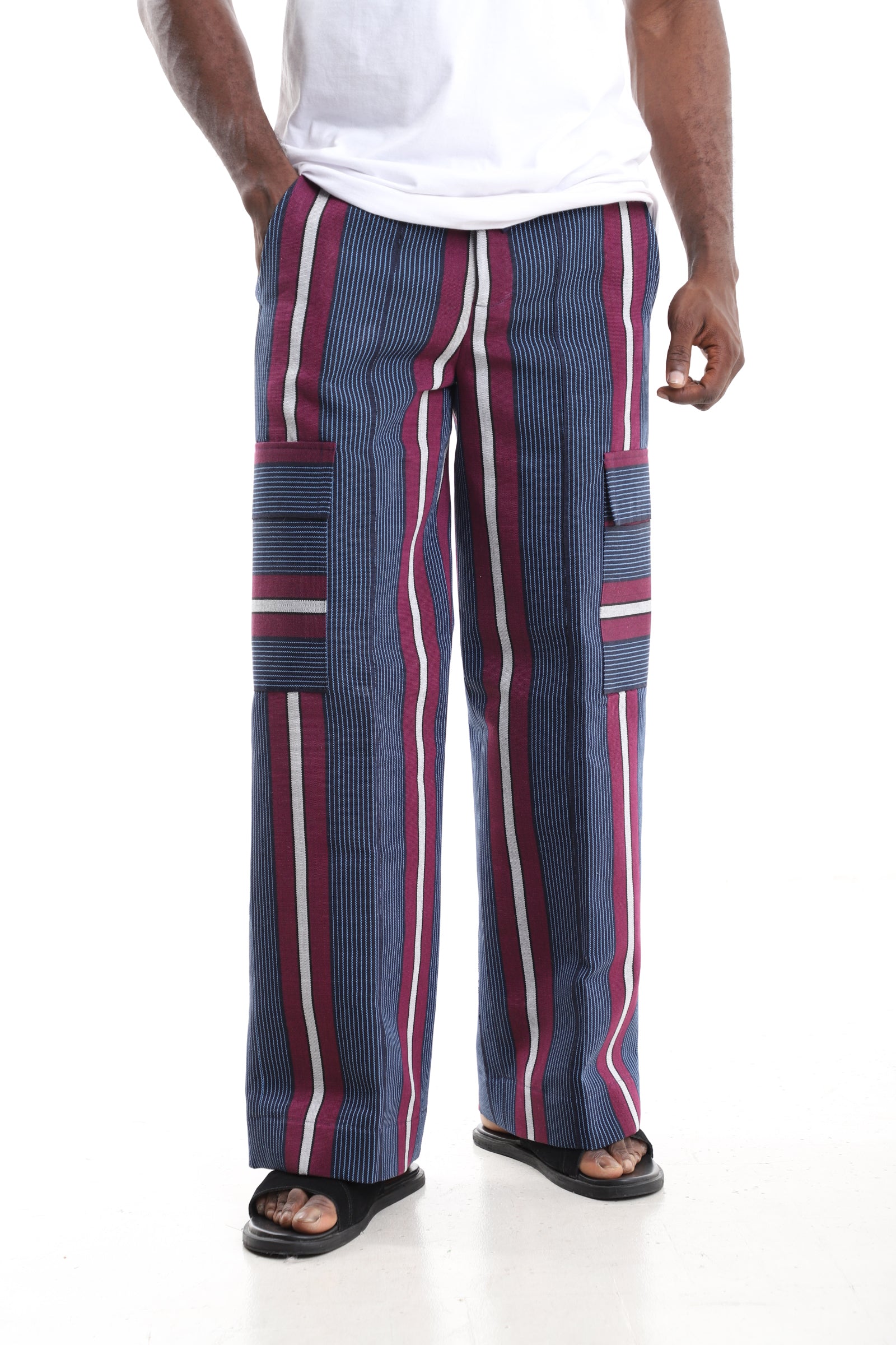 Men’s Navy & Magenta Striped Aso-Oke Cargo Pants