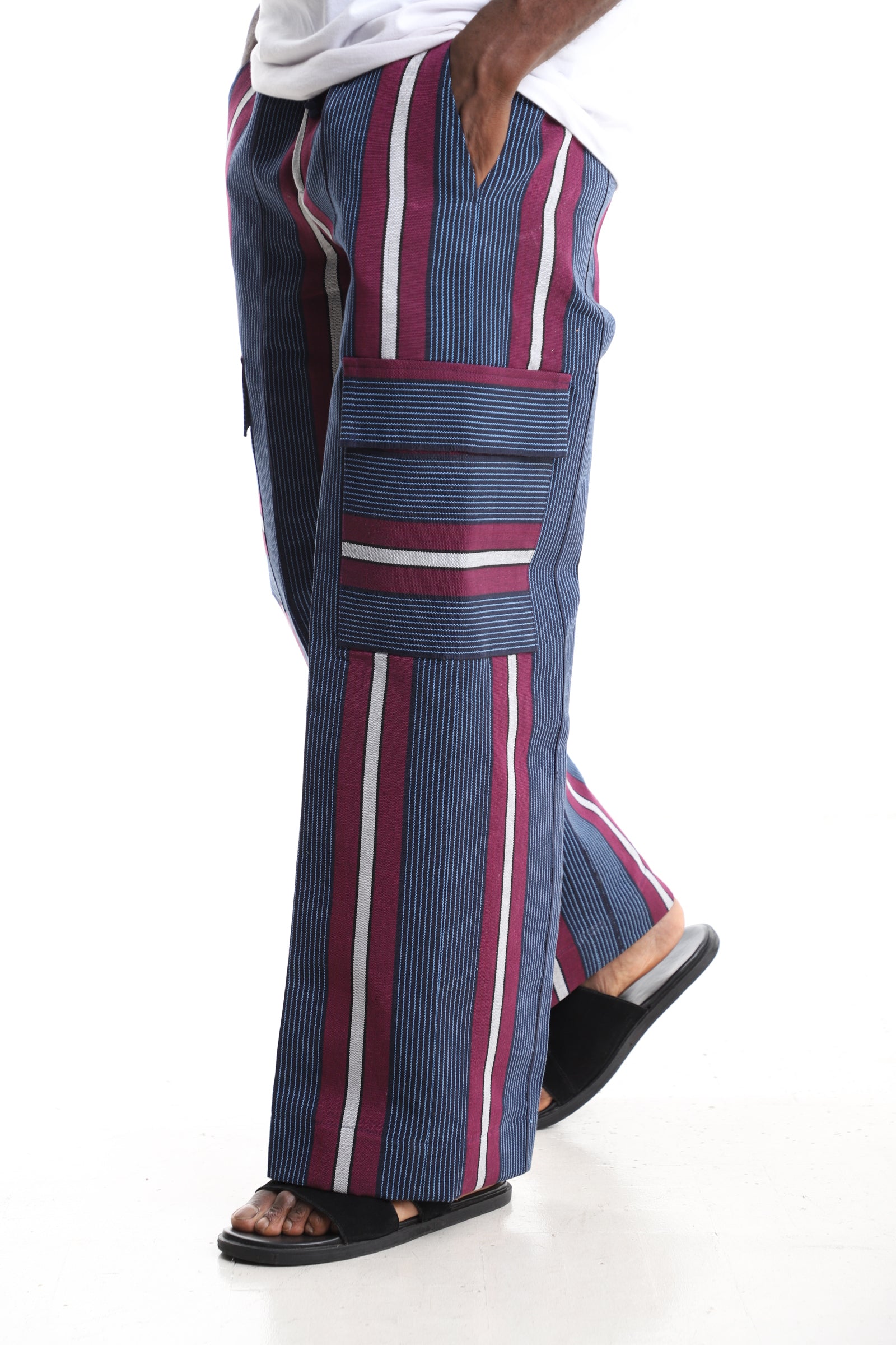 Men’s Navy & Magenta Striped Aso-Oke Cargo Pants