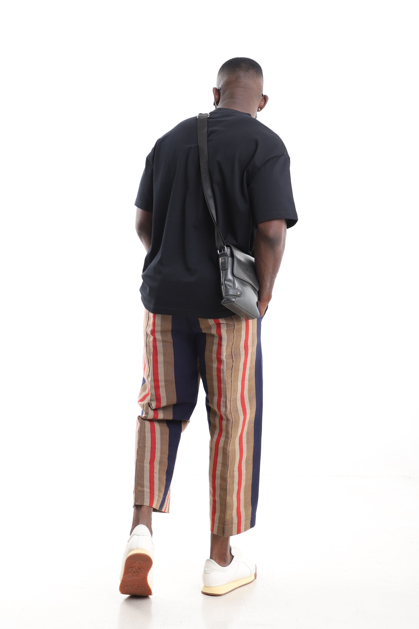 King Kaftan Aso-Oke Pants with Black T-Shirt Set – Back View – African men's fashion Nigeria
