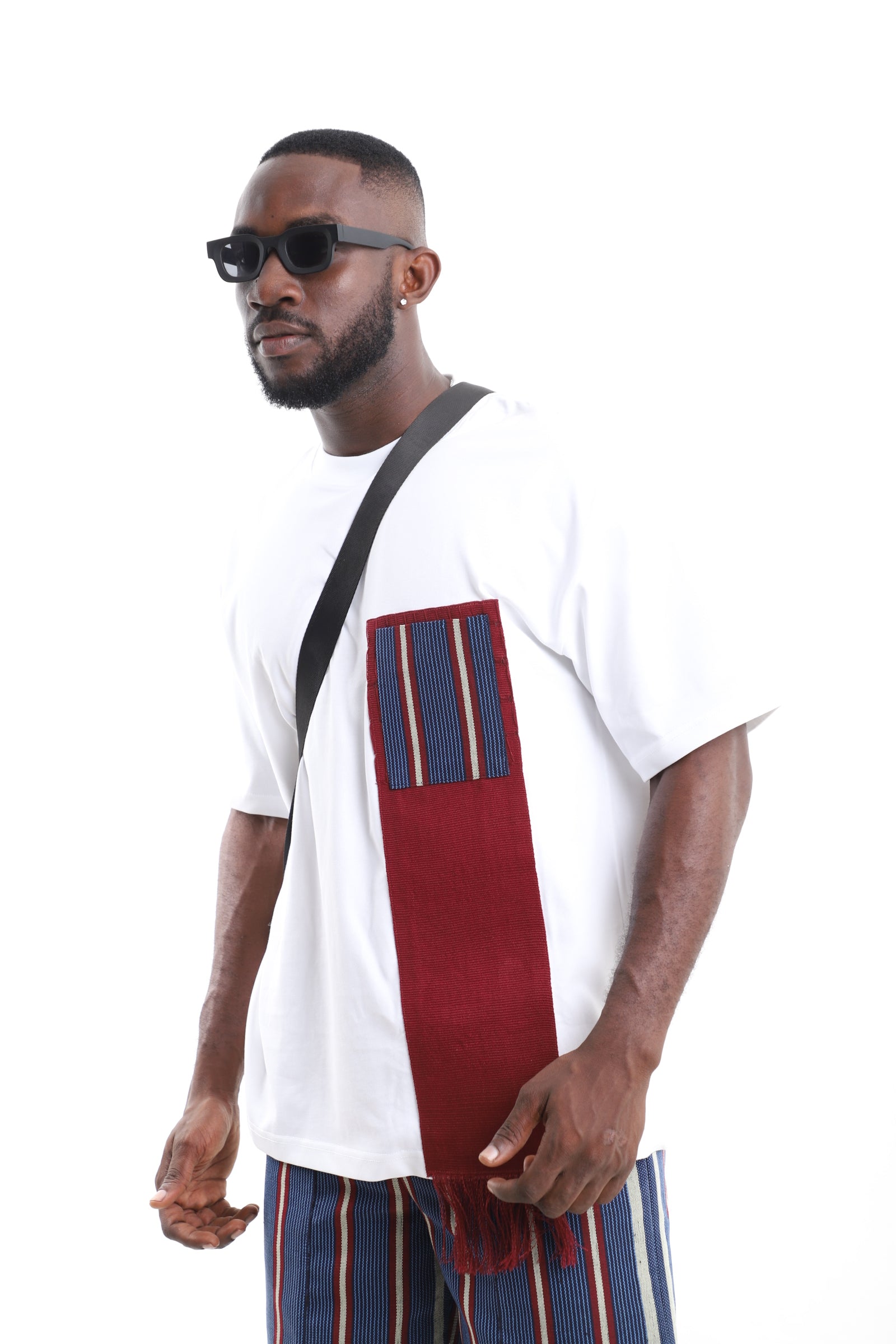 King Kaftan White Cotton Oversized T-Shirt with Aso-Oke Fringe Accent – Pocket and Fringe Detail – African men's fashion Nigeria