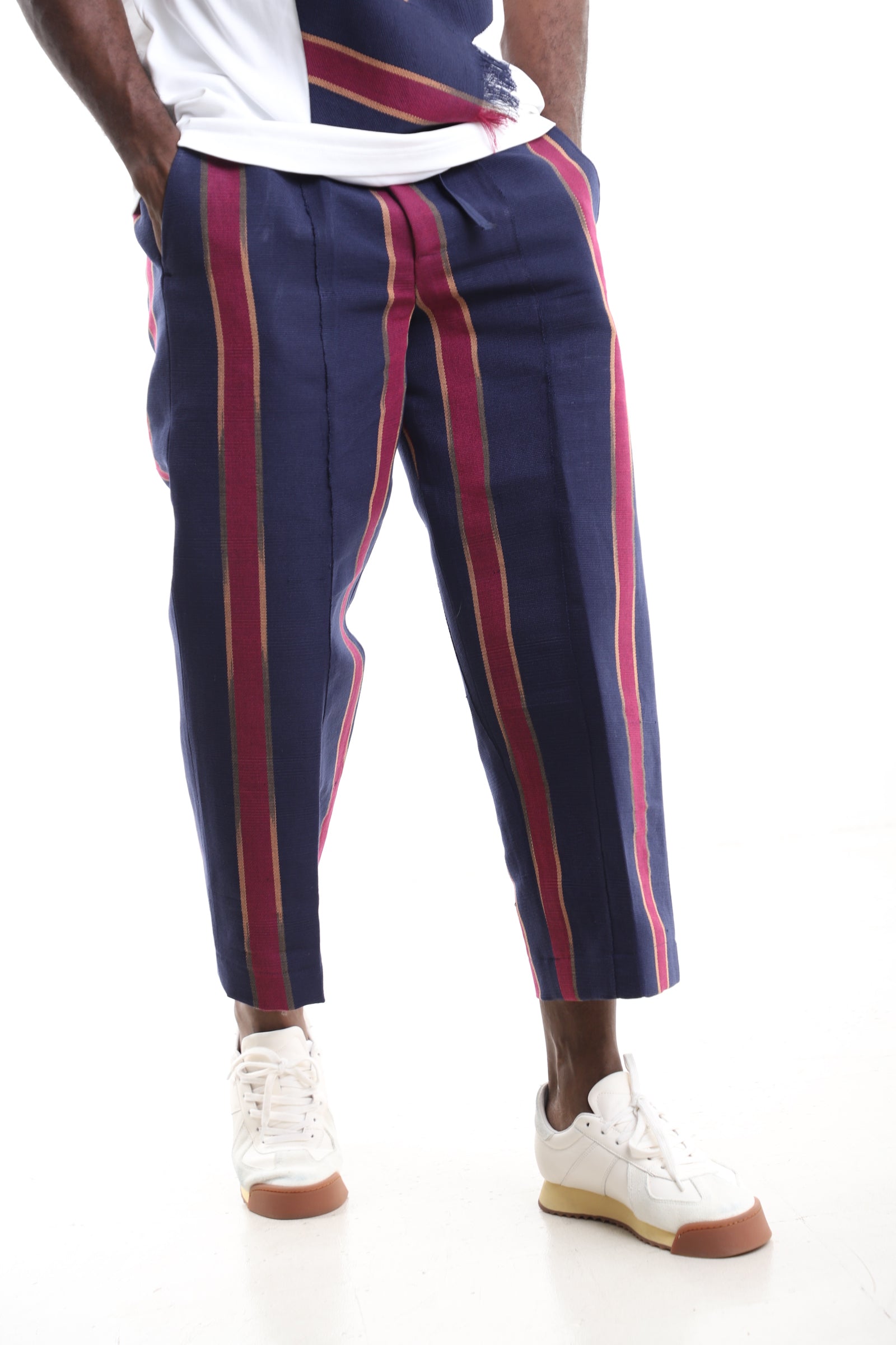 King Kaftan Navy and Magenta Handwoven Aso-Oke Cropped Trousers – Pocket and Weave Detail – African men's fashion Nigeria