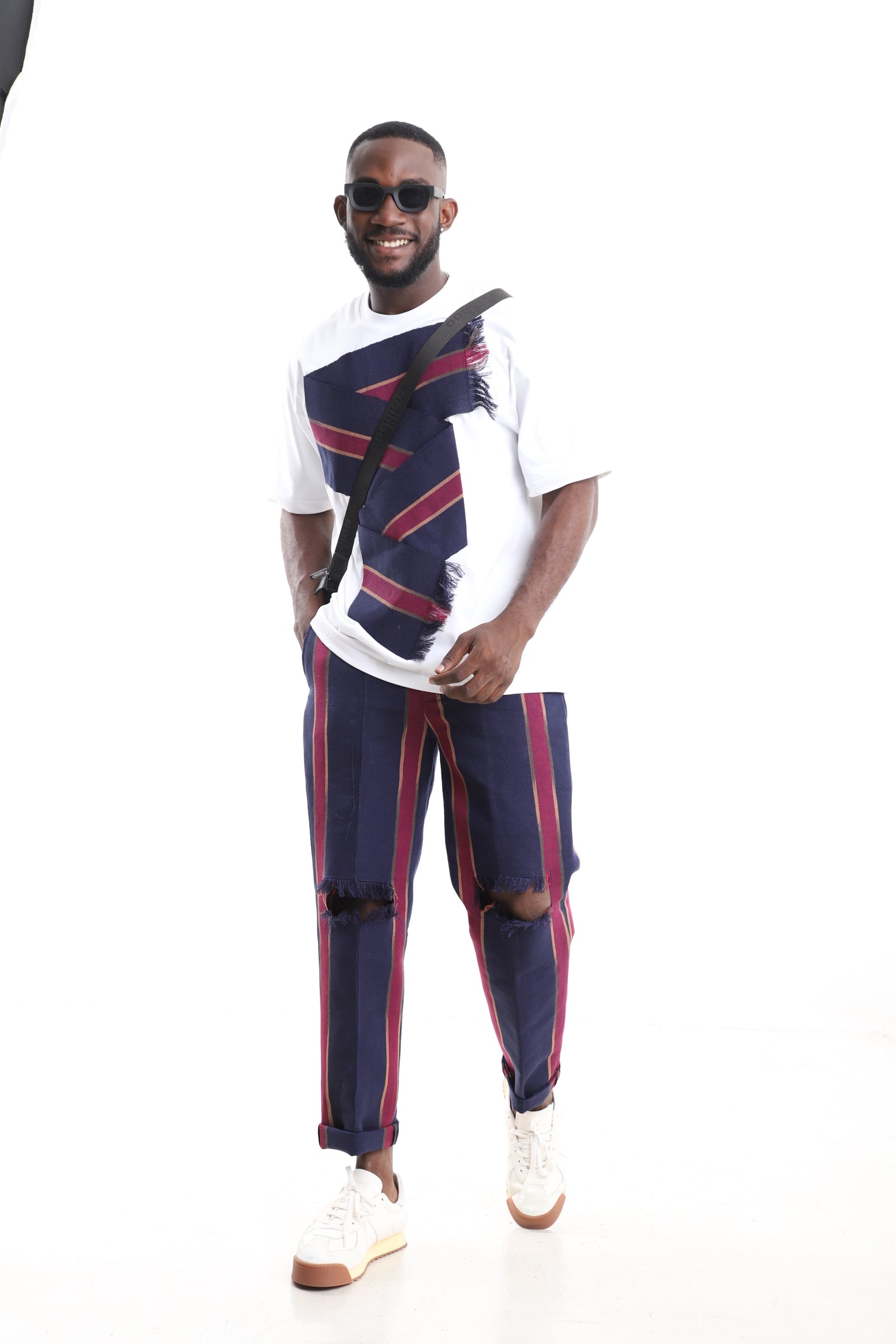 King Kaftan Distressed Aso-Oke Pants with White Cotton T-Shirt Set – Front View – African men's fashion Nigeria