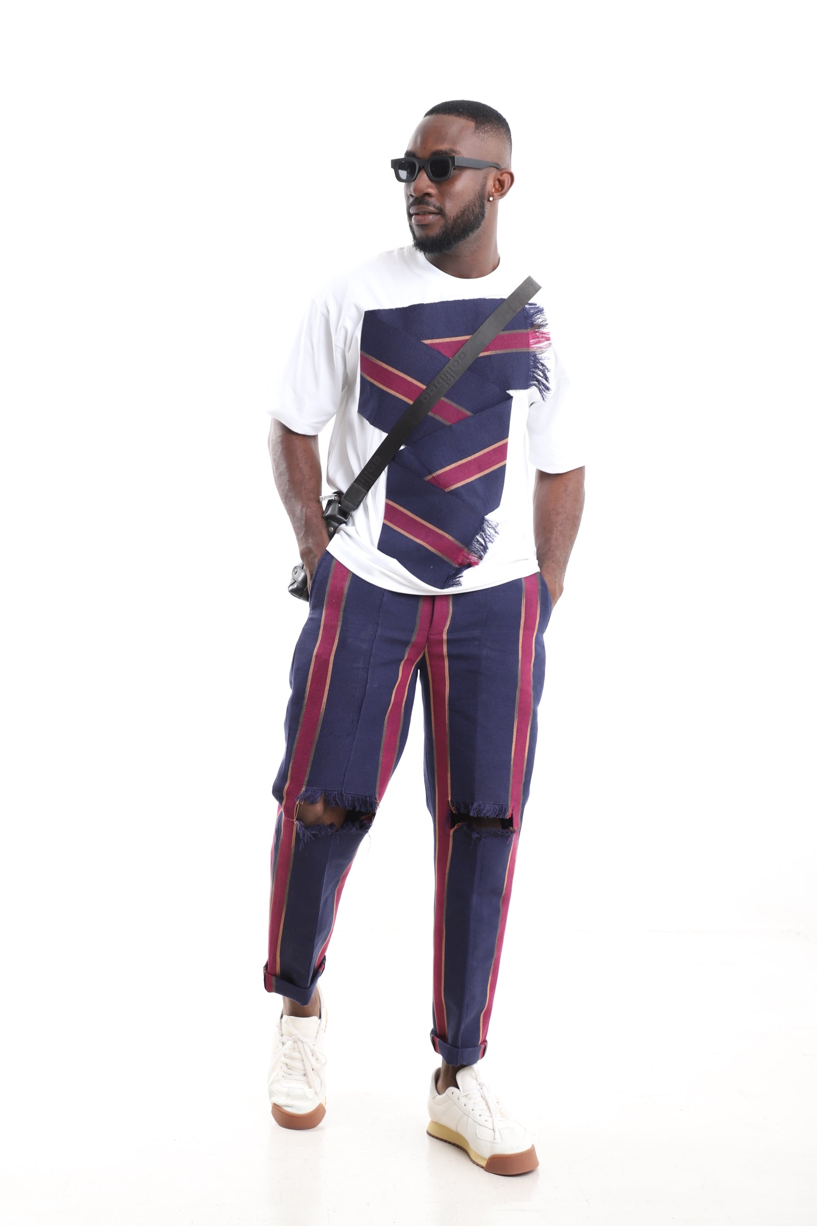 King Kaftan Distressed Aso-Oke Pants with White Cotton T-Shirt Set – Distressed Knee Detail – African men's fashion Nigeria