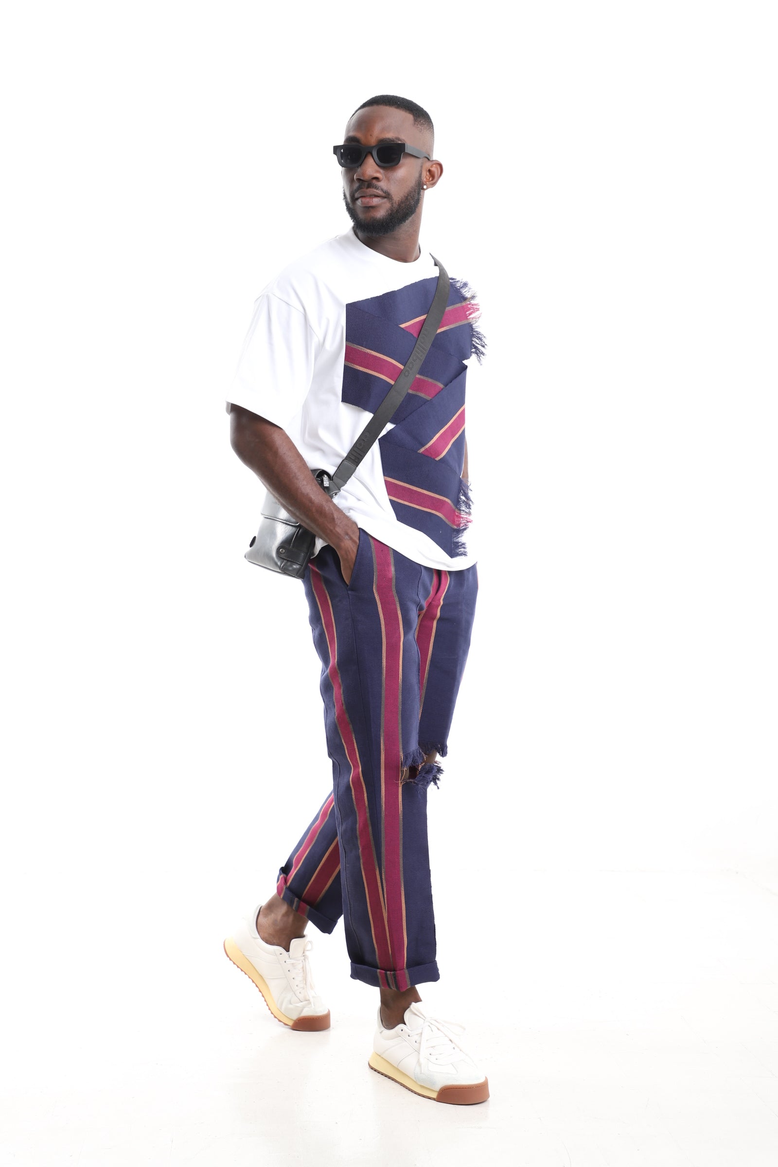 King Kaftan Distressed Aso-Oke Pants with White Cotton T-Shirt Set – Distressed Knee Detail – African men's fashion Nigeria