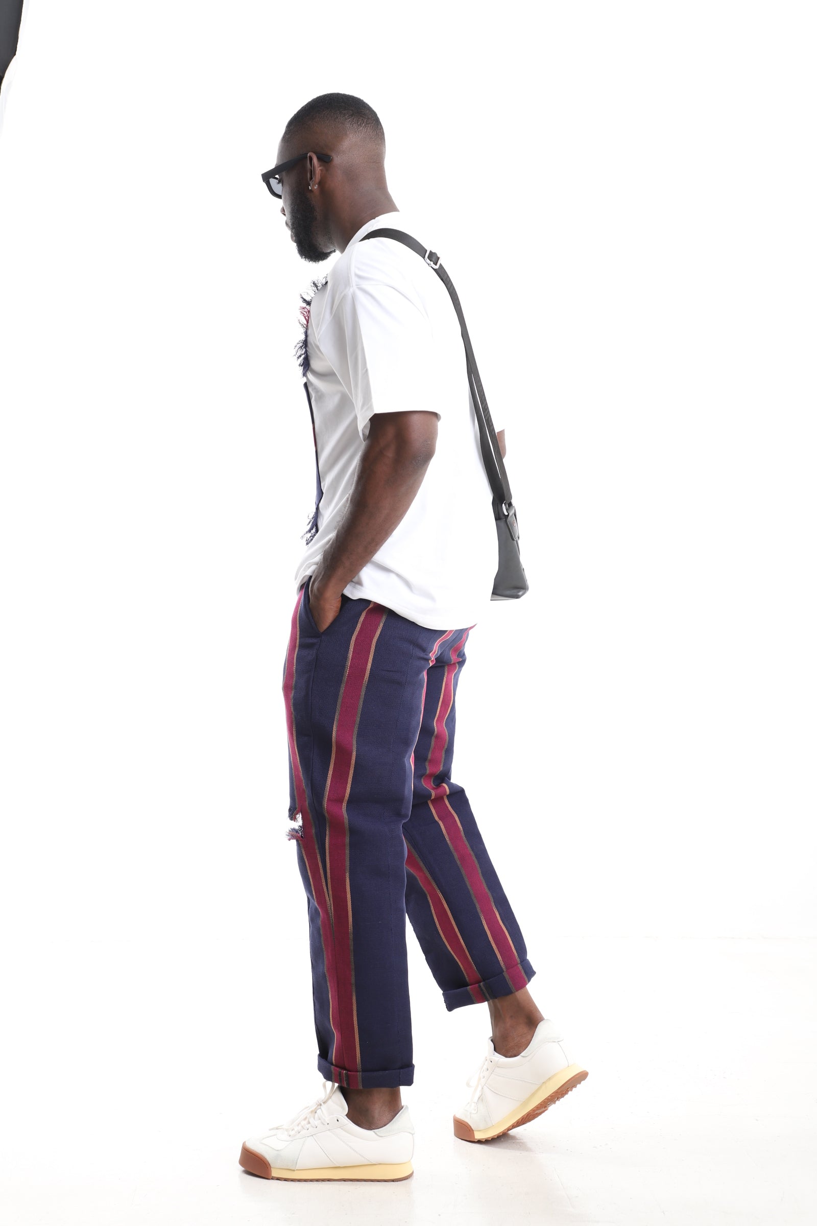 King Kaftan Distressed Aso-Oke Pants with White Cotton T-Shirt Set – Back View – African men's fashion Nigeria