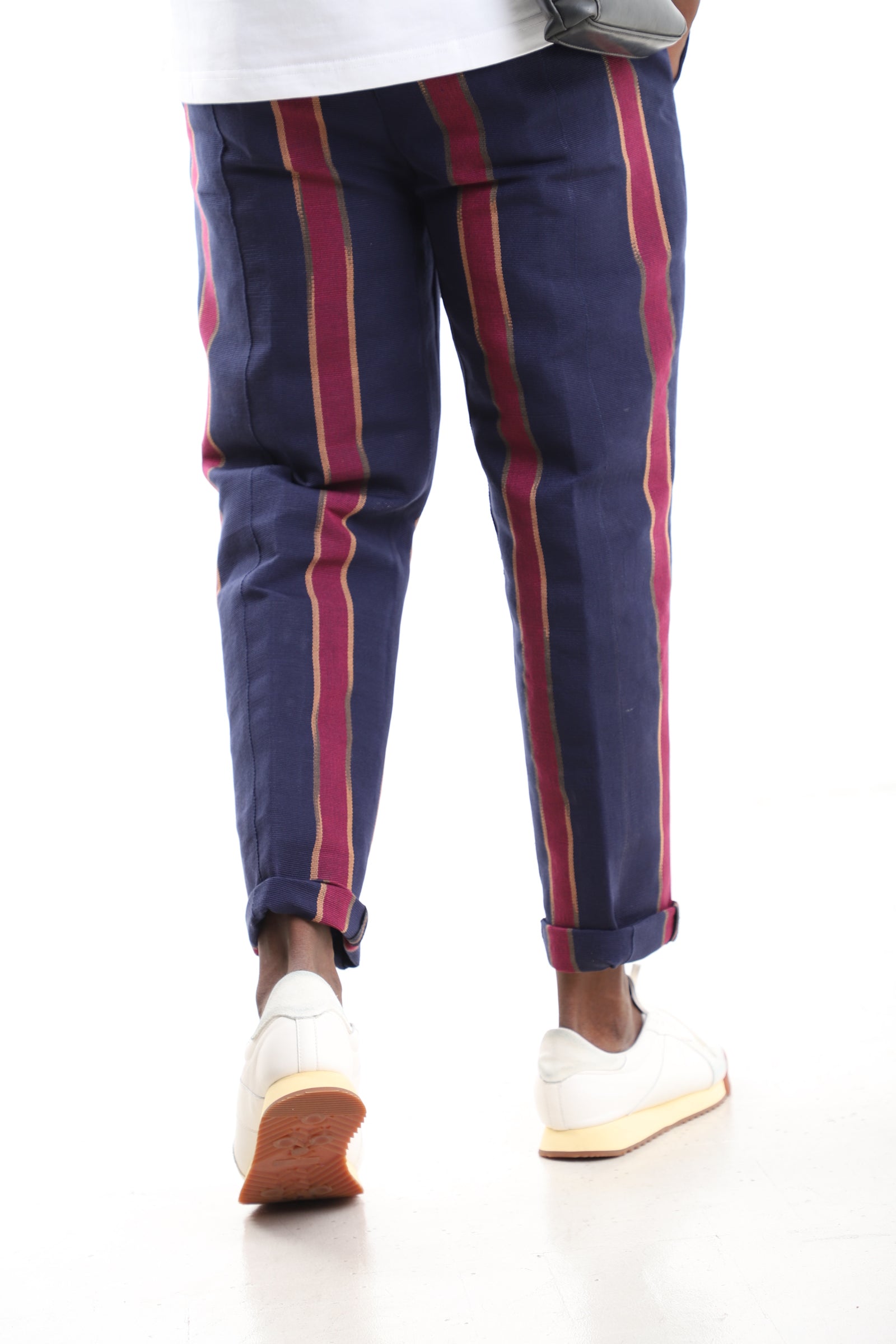 King Kaftan Distressed Handwoven Aso-Oke Tapered Striped Pants – Back View – African men's fashion Nigeria