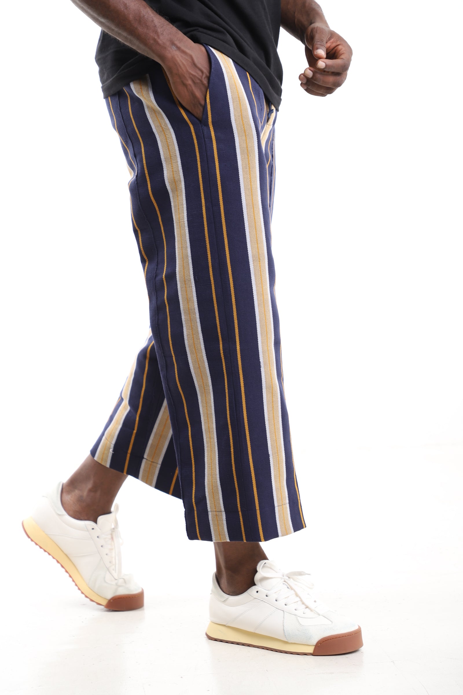 King Kaftan Navy and Mustard Handwoven Aso-Oke Cropped Trousers – Side View – African men's fashion Nigeria