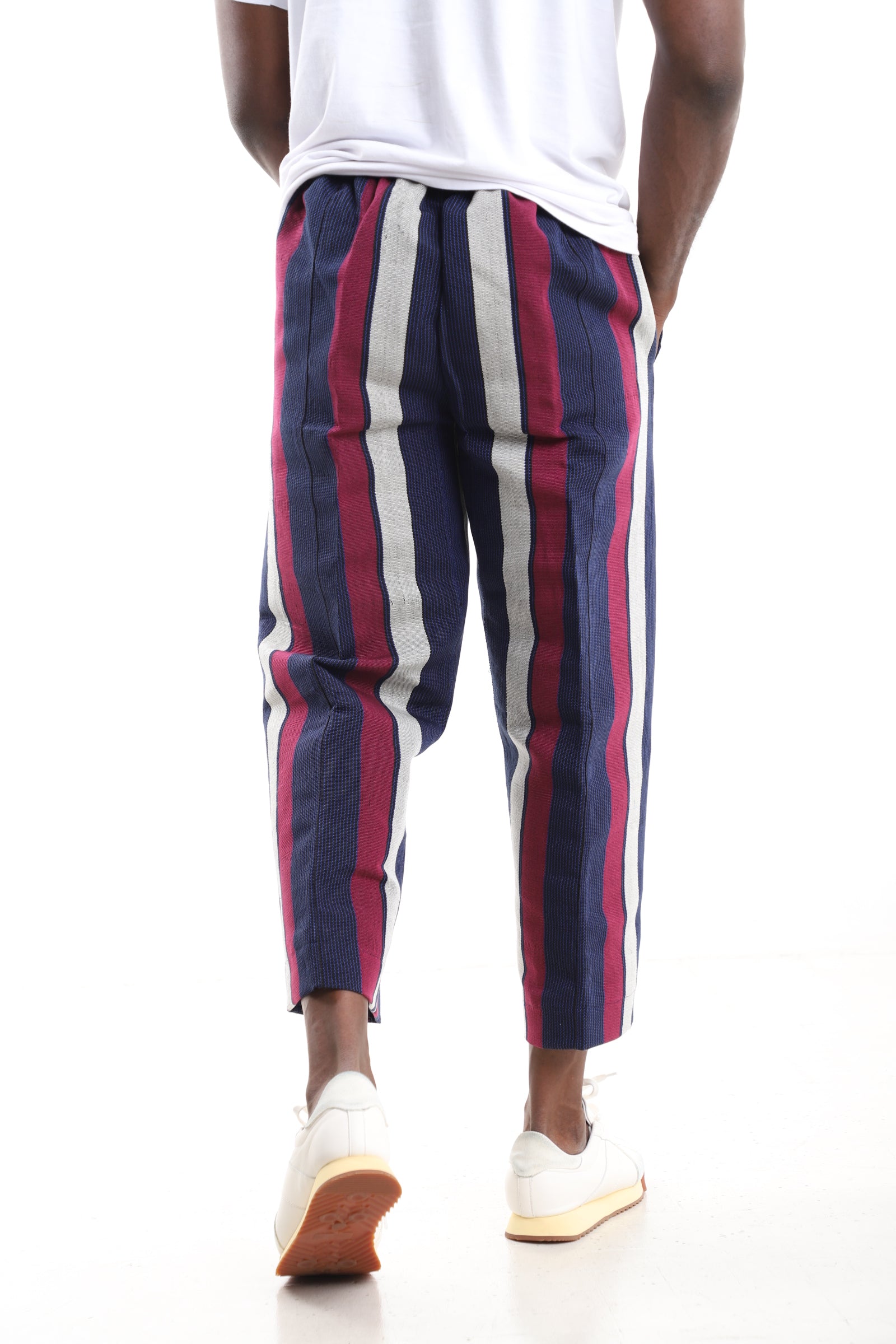 King Kaftan Navy, Magenta, and Grey Handwoven Aso-Oke Cropped Trousers – Back View – African men's fashion Nigeria