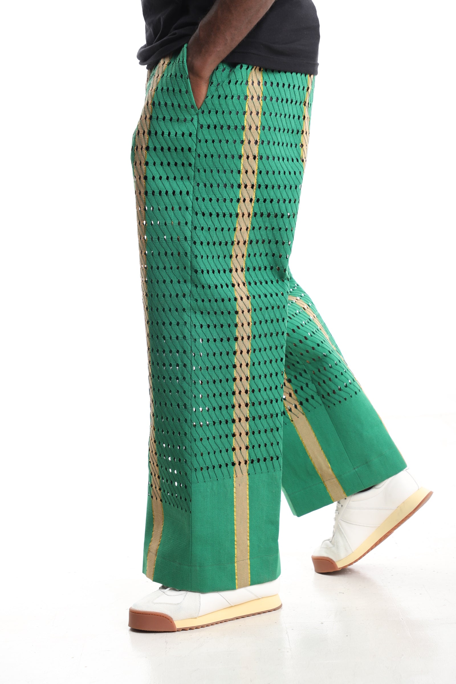 King Kaftan Emerald Green Perforated Handwoven Aso-Oke Wide-Leg Trousers – Side View – African men's fashion Nigeria