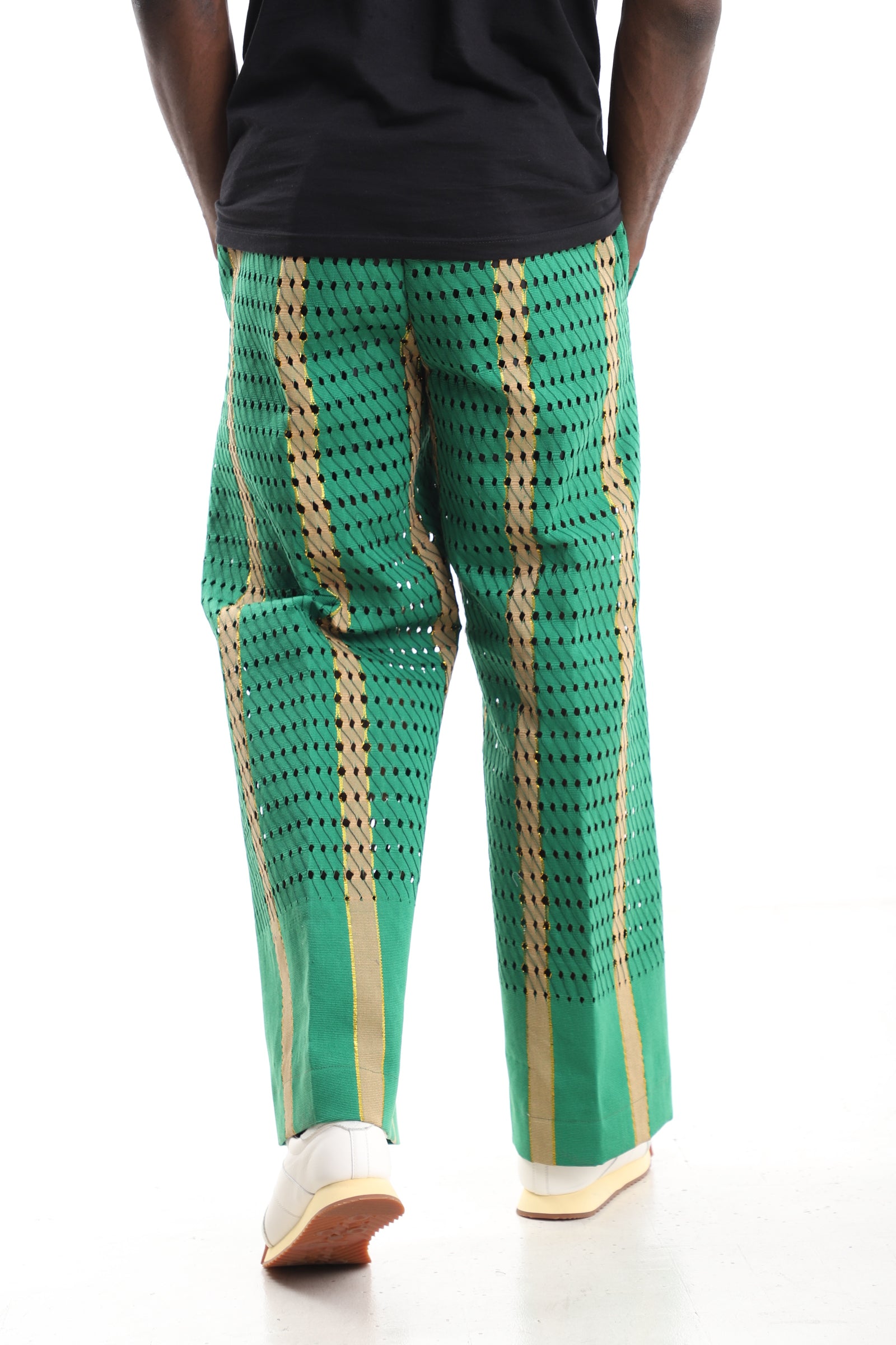 King Kaftan Emerald Green Perforated Handwoven Aso-Oke Wide-Leg Trousers – Back View – African men's fashion Nigeria