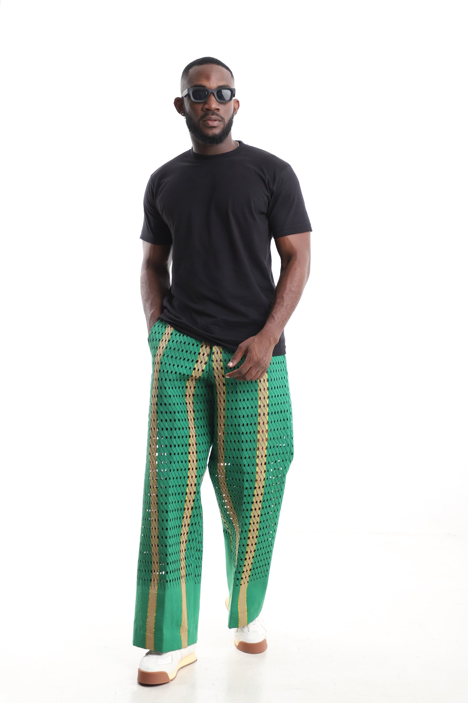 King Kaftan Emerald Green Aso-Oke Pants with Black T-Shirt Set – Front View – African men's fashion Nigeria