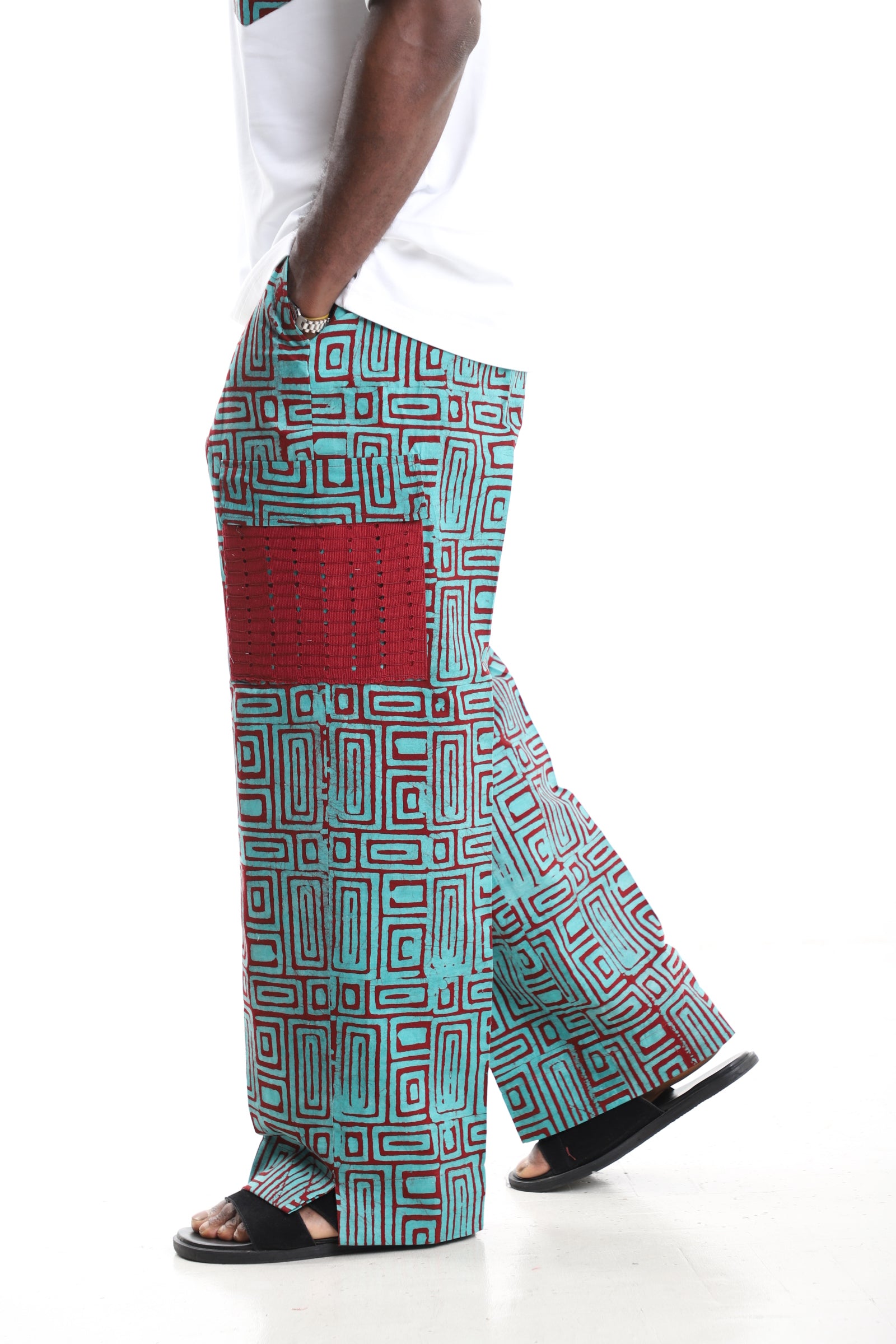 King Kaftan Turquoise and Crimson Geometric Batik Adire Utility Cargo Pants – Side View – African men's fashion Nigeria