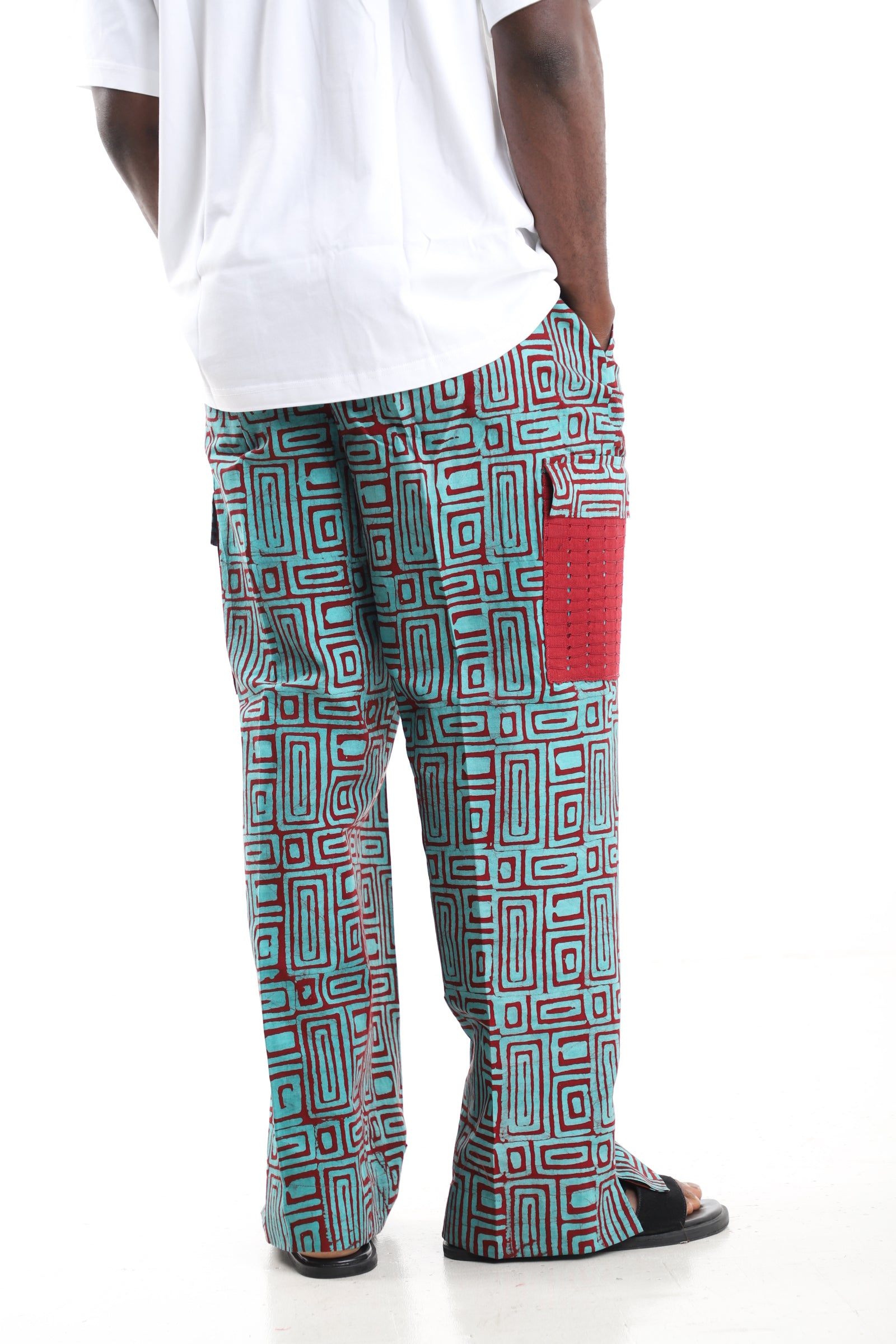 King Kaftan Turquoise and Crimson Geometric Batik Adire Utility Cargo Pants – Back View – African men's fashion Nigeria