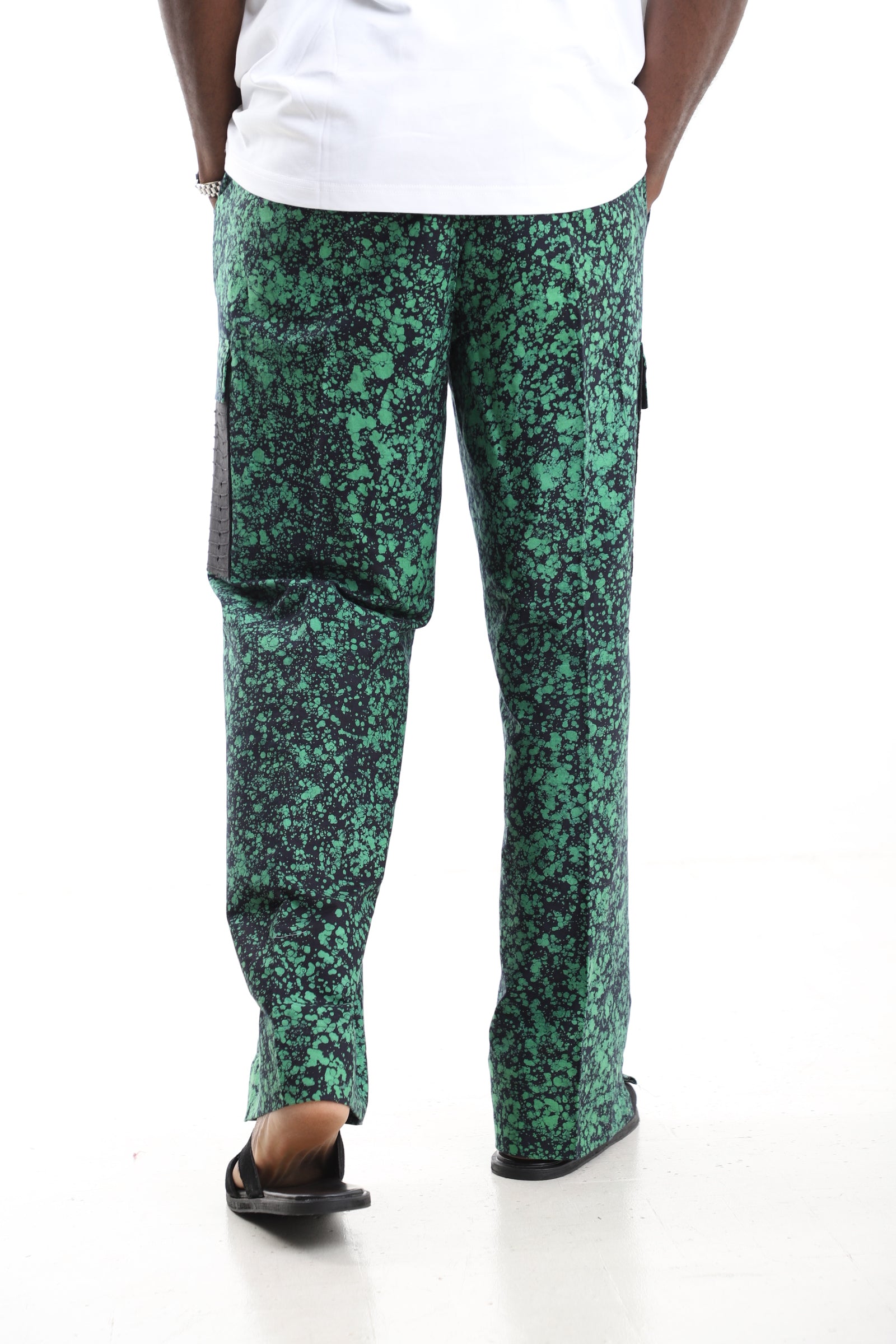 Emerald Splatter Print Batik Adire Utility Cargo Pants