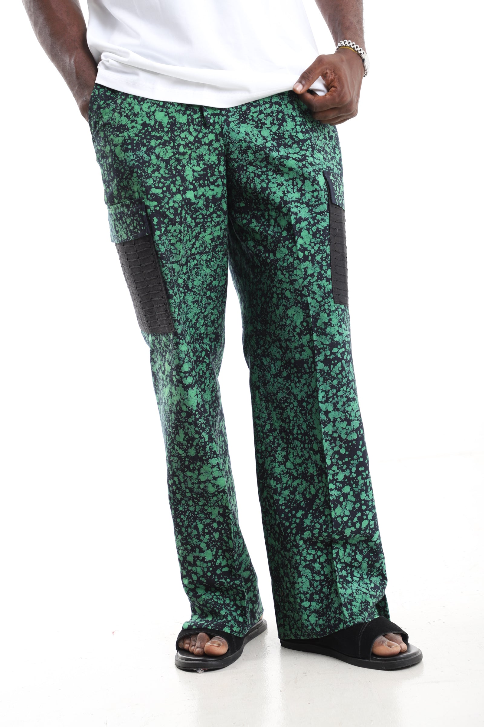Emerald Splatter Print Batik Adire Utility Cargo Pants
