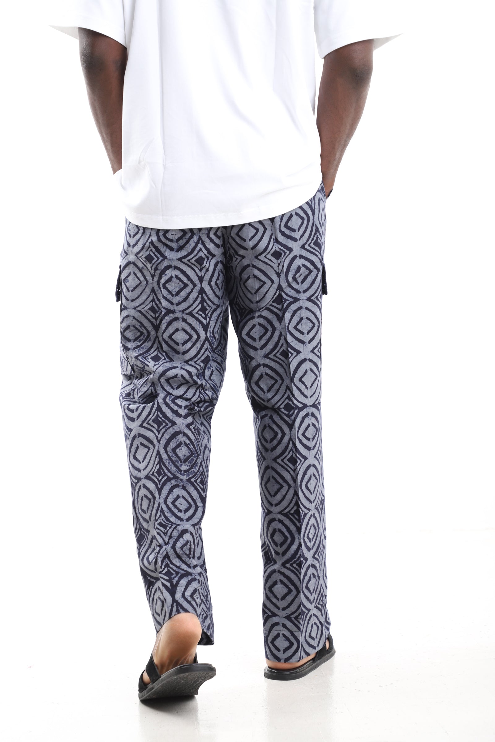 King Kaftan Grey and Navy Geometric Batik Adire Utility Cargo Pants – Back View – African men's fashion Nigeria