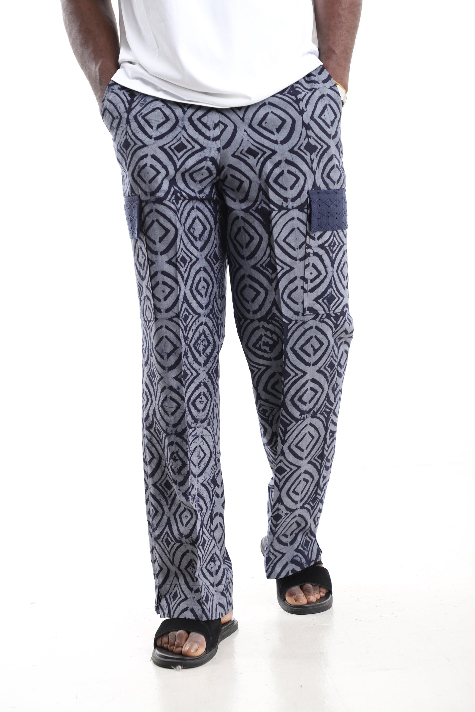 King Kaftan Grey and Navy Geometric Batik Adire Utility Cargo Pants – Cargo Pocket Flap Detail – African men's fashion Nigeri