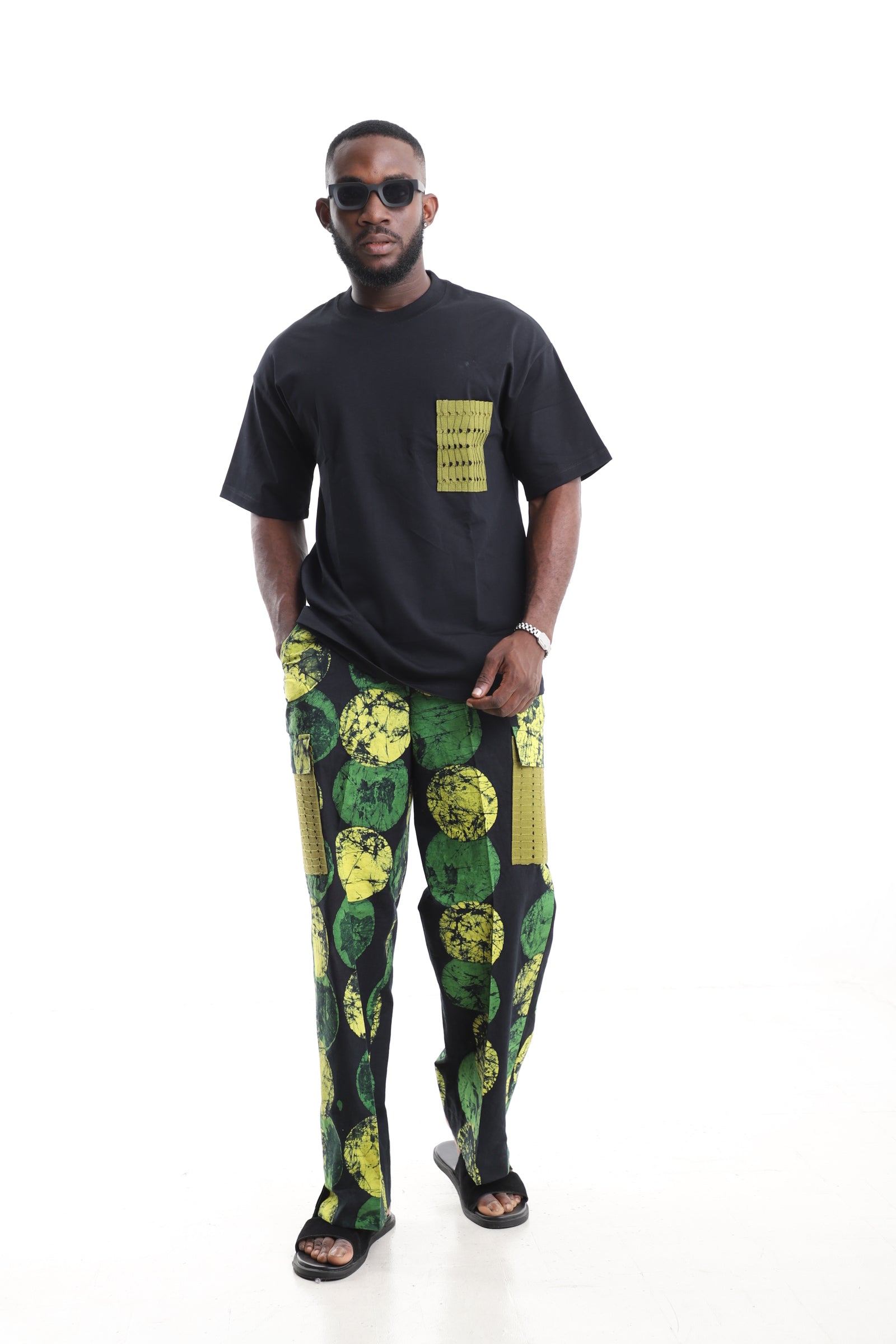 King Kaftan Circular Adire Cargo Pants Set with Oversized Black T-Shirt – Front View – African men's fashion Nigeria