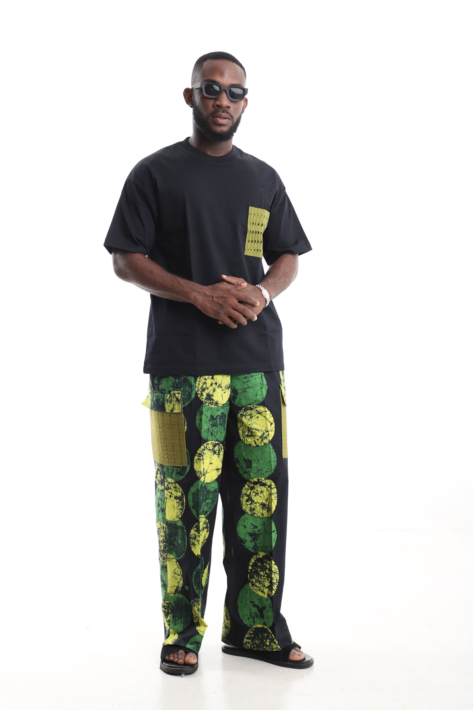 King Kaftan Circular Adire Cargo Pants Set with Oversized Black T-Shirt – Side View – African men's fashion Nigeria