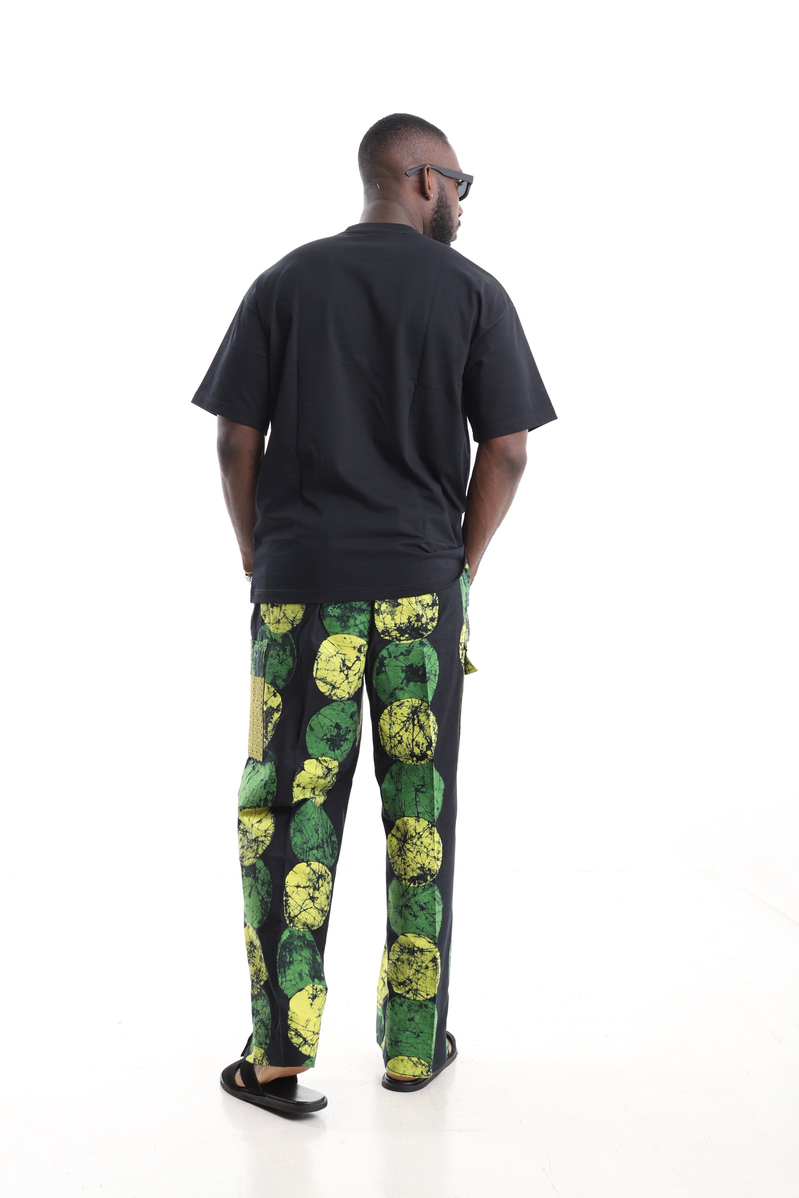 King Kaftan Circular Adire Cargo Pants Set with Oversized Black T-Shirt – Back View – African men's fashion Nigeria