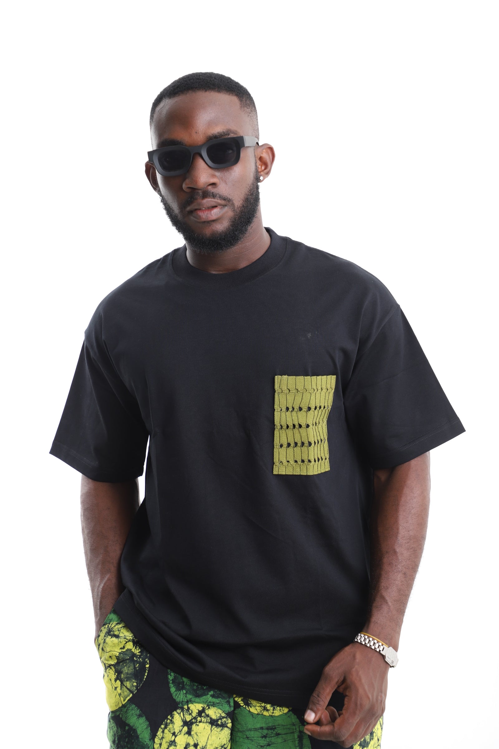 King Kaftan Cotton Oversized Black T-Shirt with Olive Textured Patch Pocket Accent – Front View – African men's fashion Nigeria