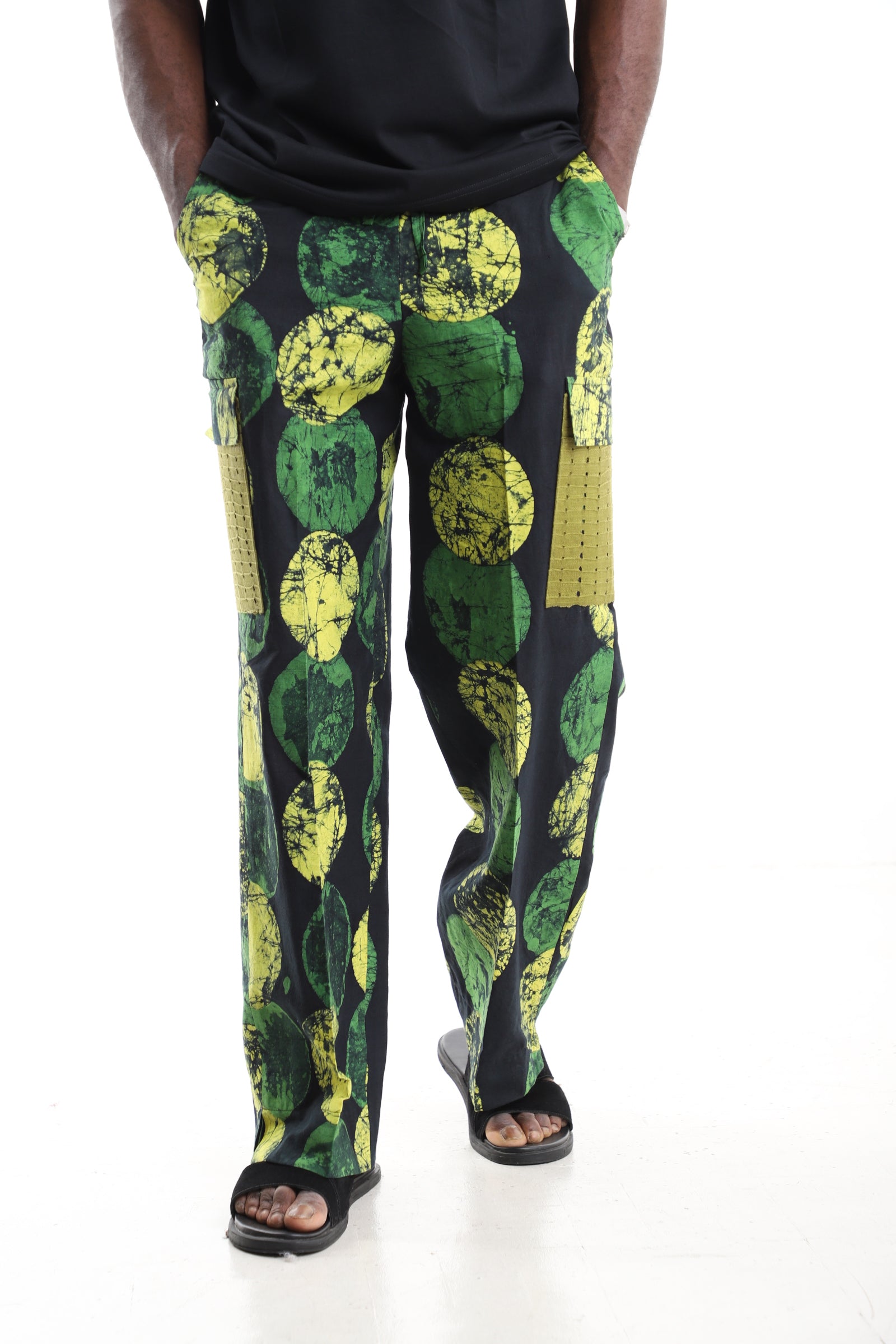 King Kaftan Green and Yellow Polka Dot Batik Adire Utility Cargo Pants – Front View – African men's fashion Nigeria