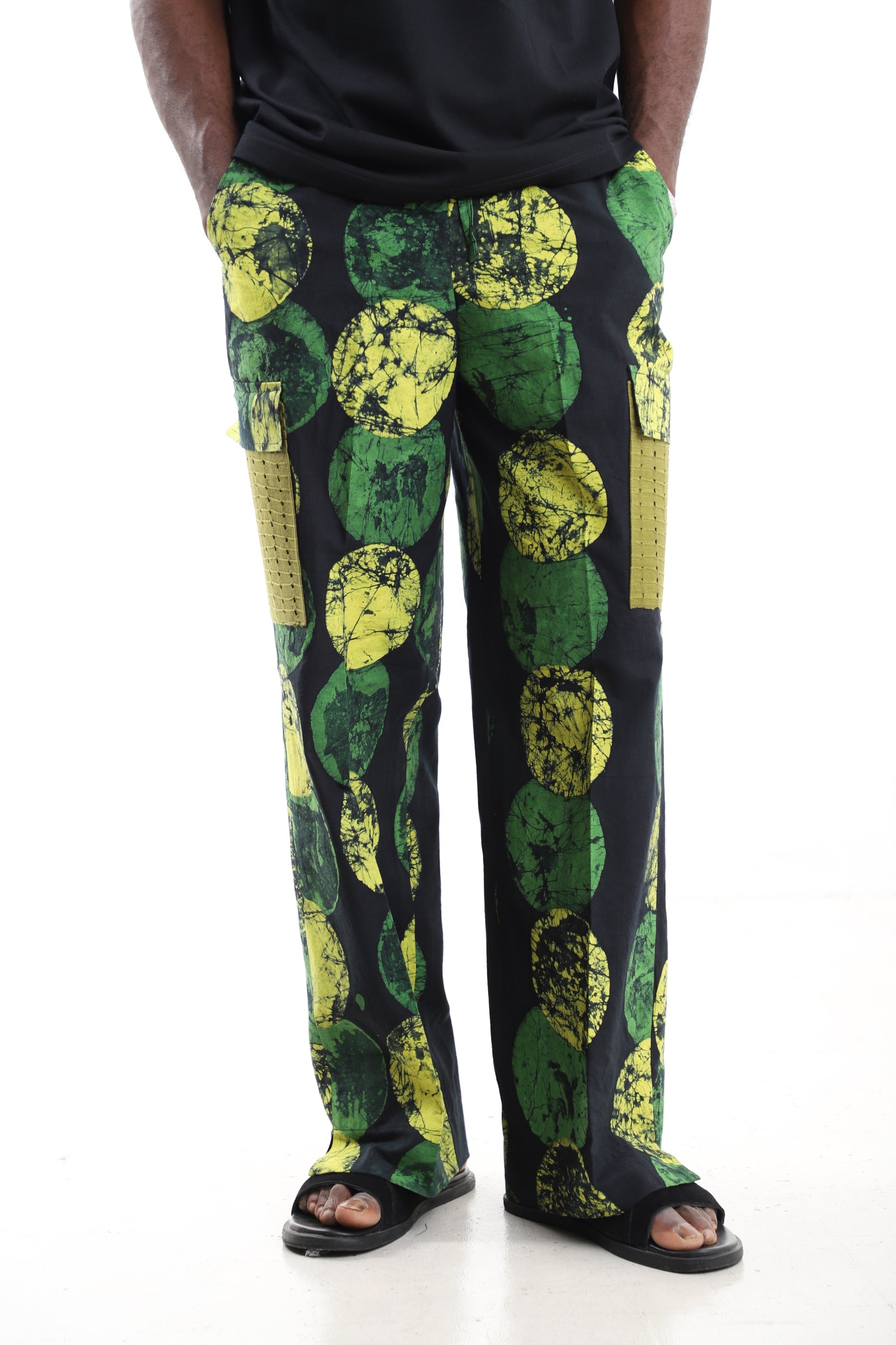 King Kaftan Green and Yellow Polka Dot Batik Adire Utility Cargo Pants – Mesh Pocket Detail – African men's fashion Nigeria