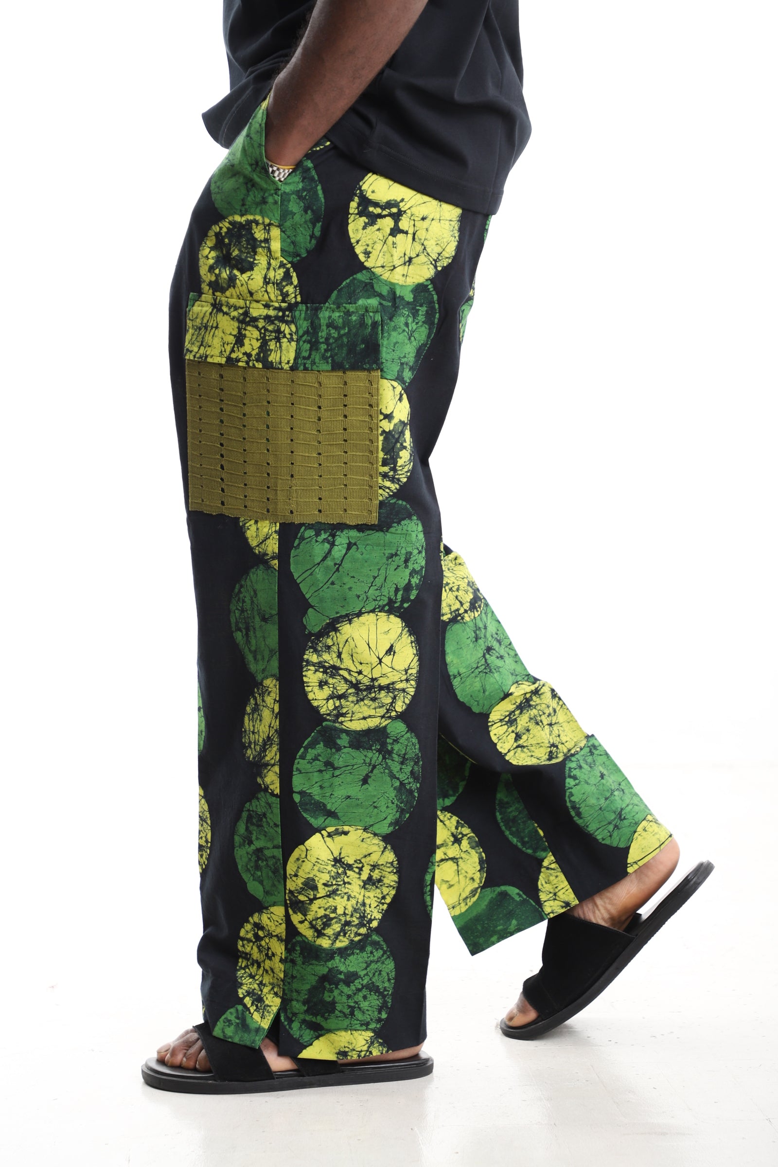King Kaftan Green and Yellow Polka Dot Batik Adire Utility Cargo Pants – Side View – African men's fashion Nigeria