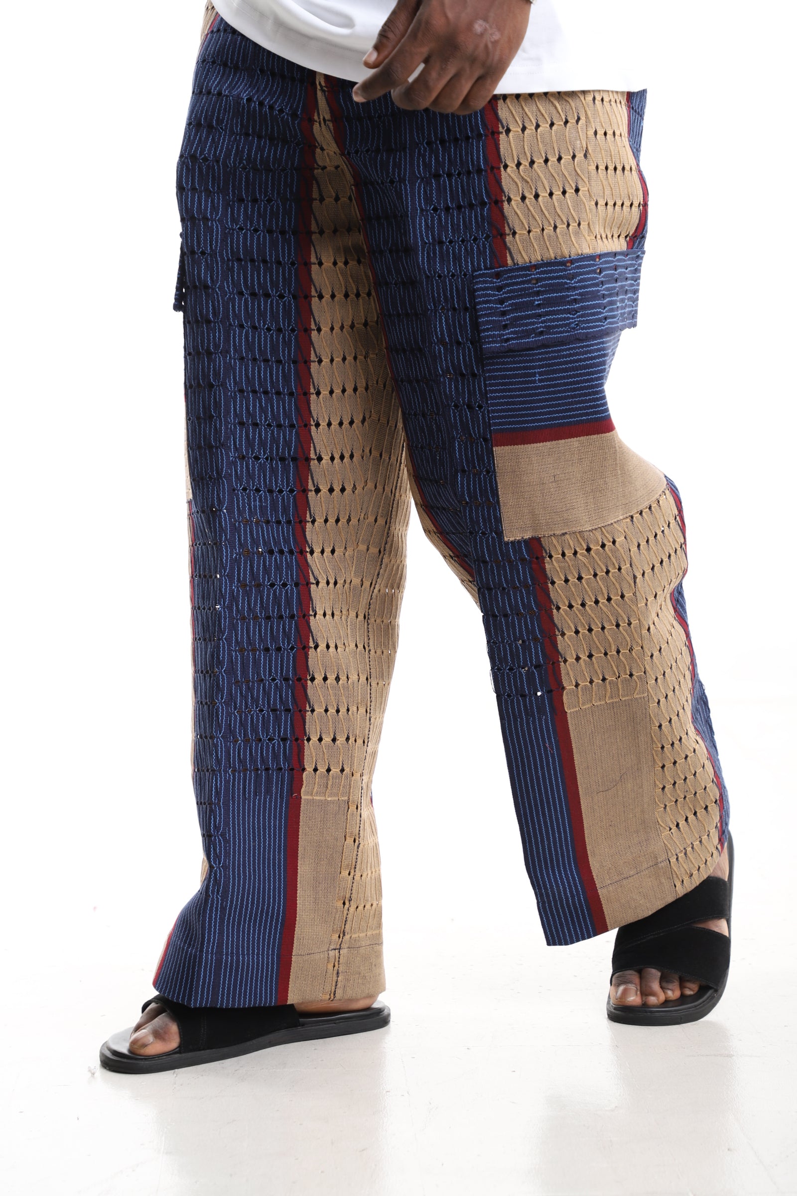 King Kaftan Patchwork Perforated Handwoven Aso-Oke Utility Cargo Pants – Side View – African men's fashion Nigeria