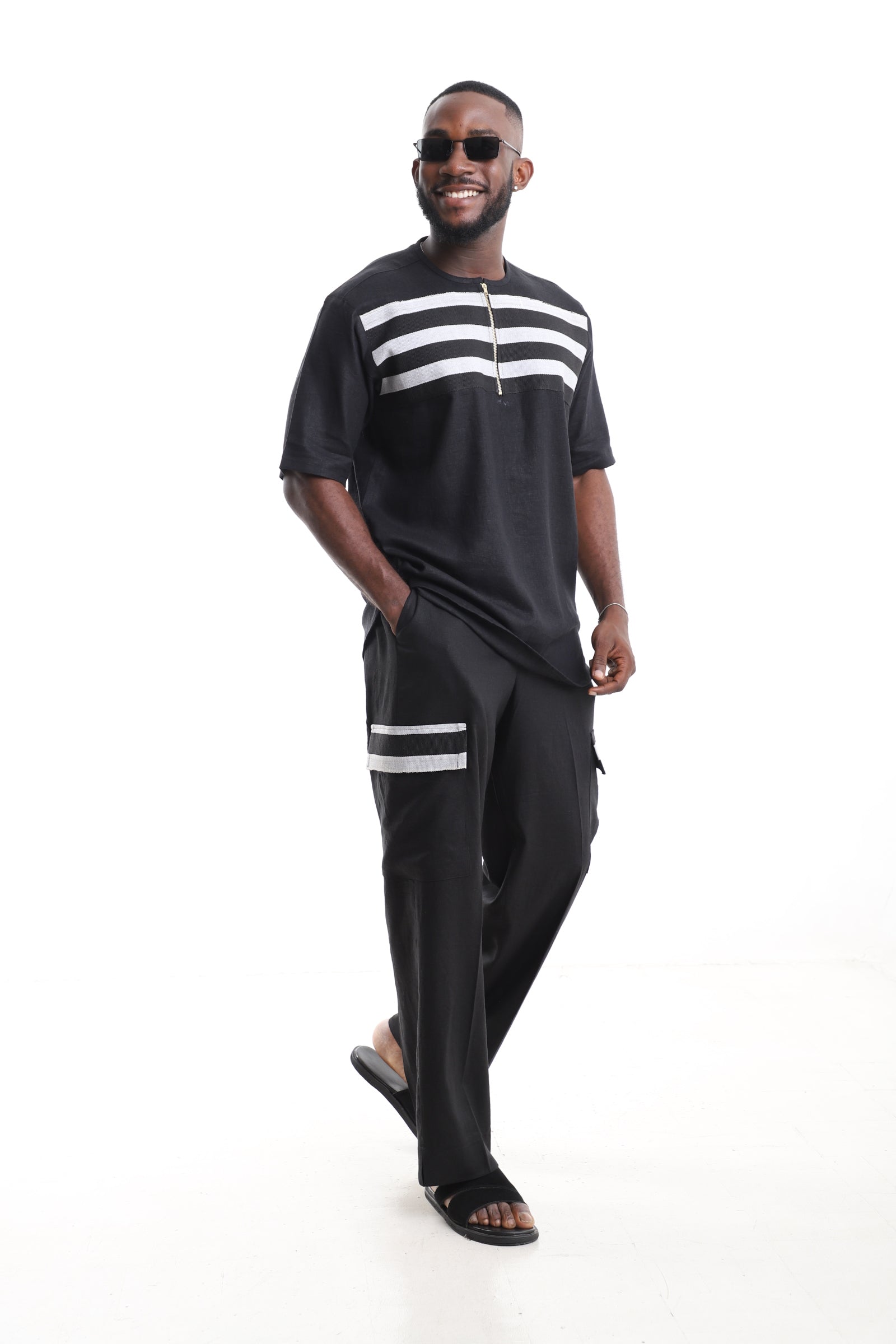 King Kaftan Black Linen Short-Sleeve Kaftan Top and Cargo Trousers Set – Side View – African men's fashion Nigeria