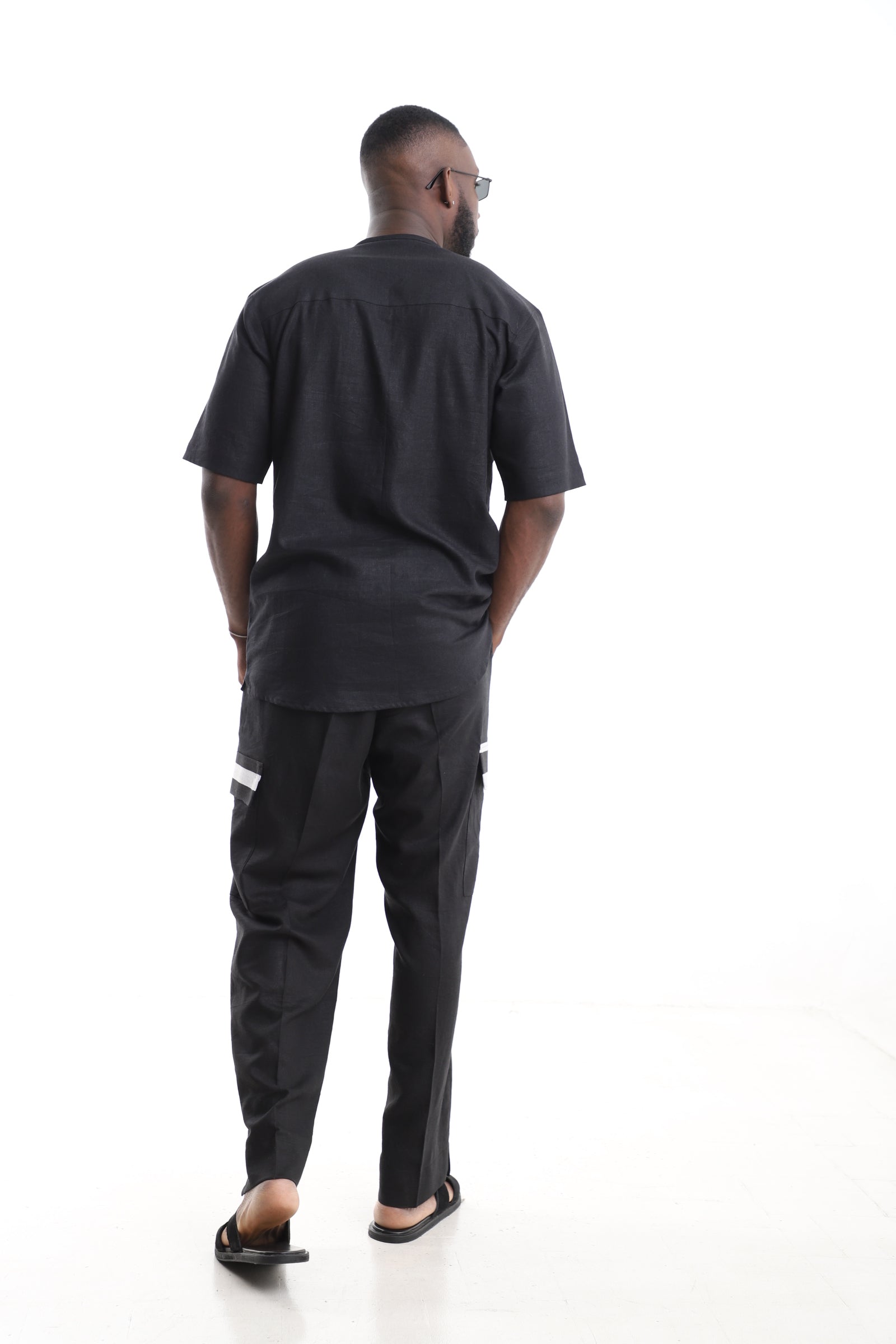 King Kaftan Black Linen Short-Sleeve Kaftan Top and Cargo Trousers Set – Back View – African men's fashion Nigeria