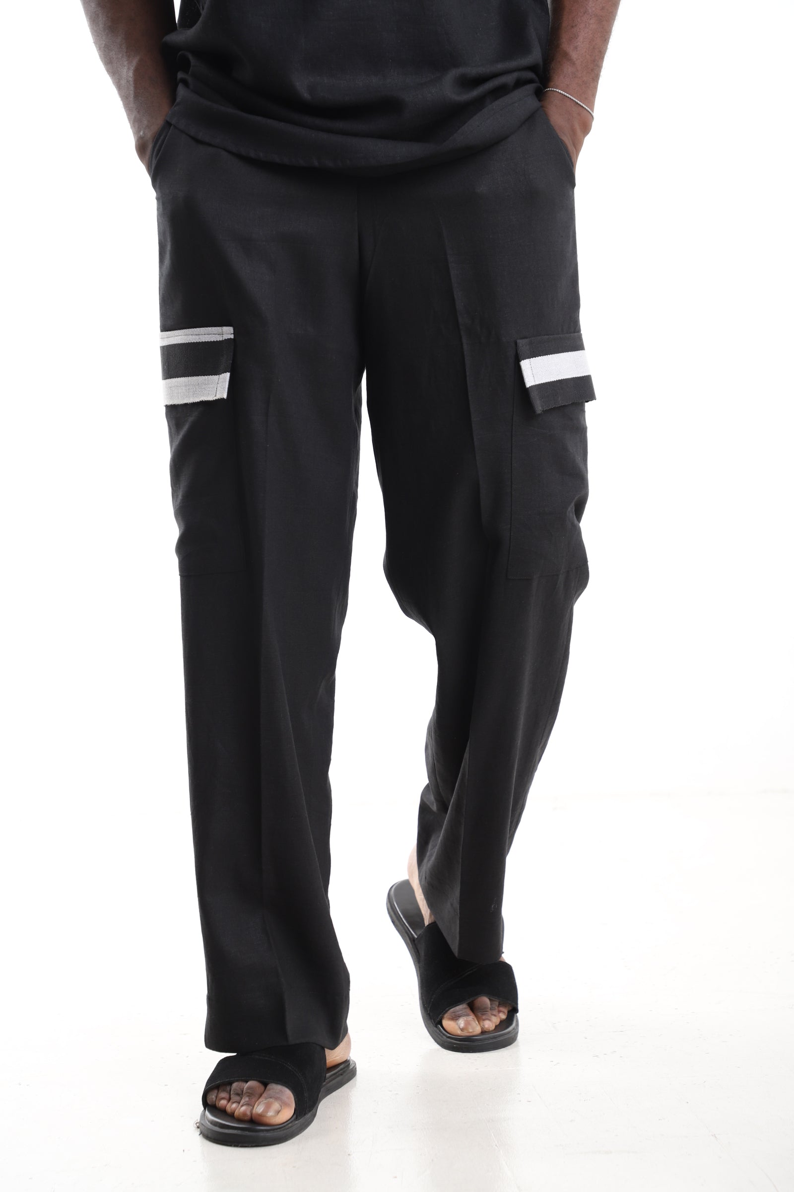 King Kaftan Black Linen Cargo Pants – Front View – African men's fashion Nigeria