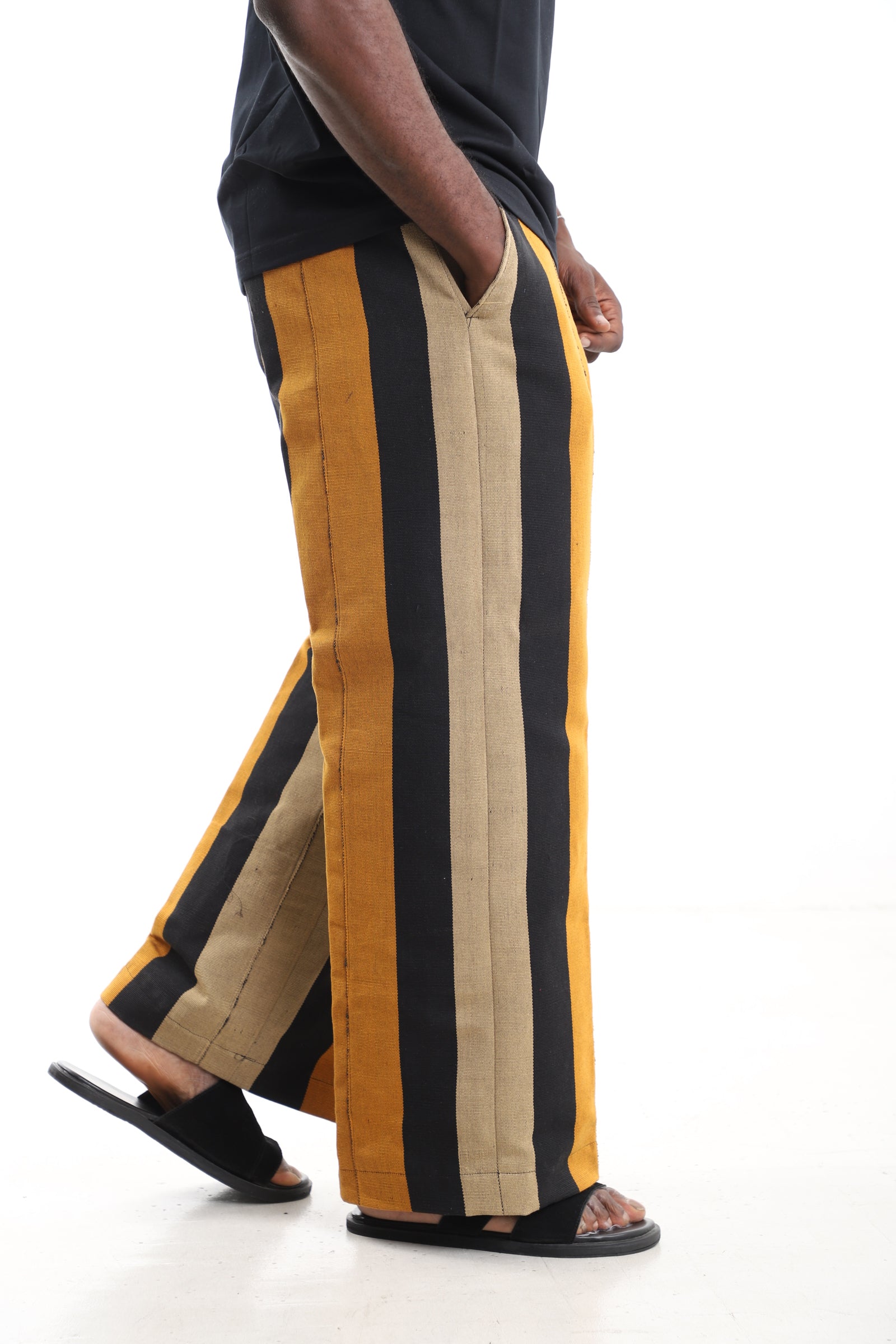 Kaftan Handwoven Striped Cotton Aso-Oke Wide-Leg Pants – Side View – African men's fashion Nigeria