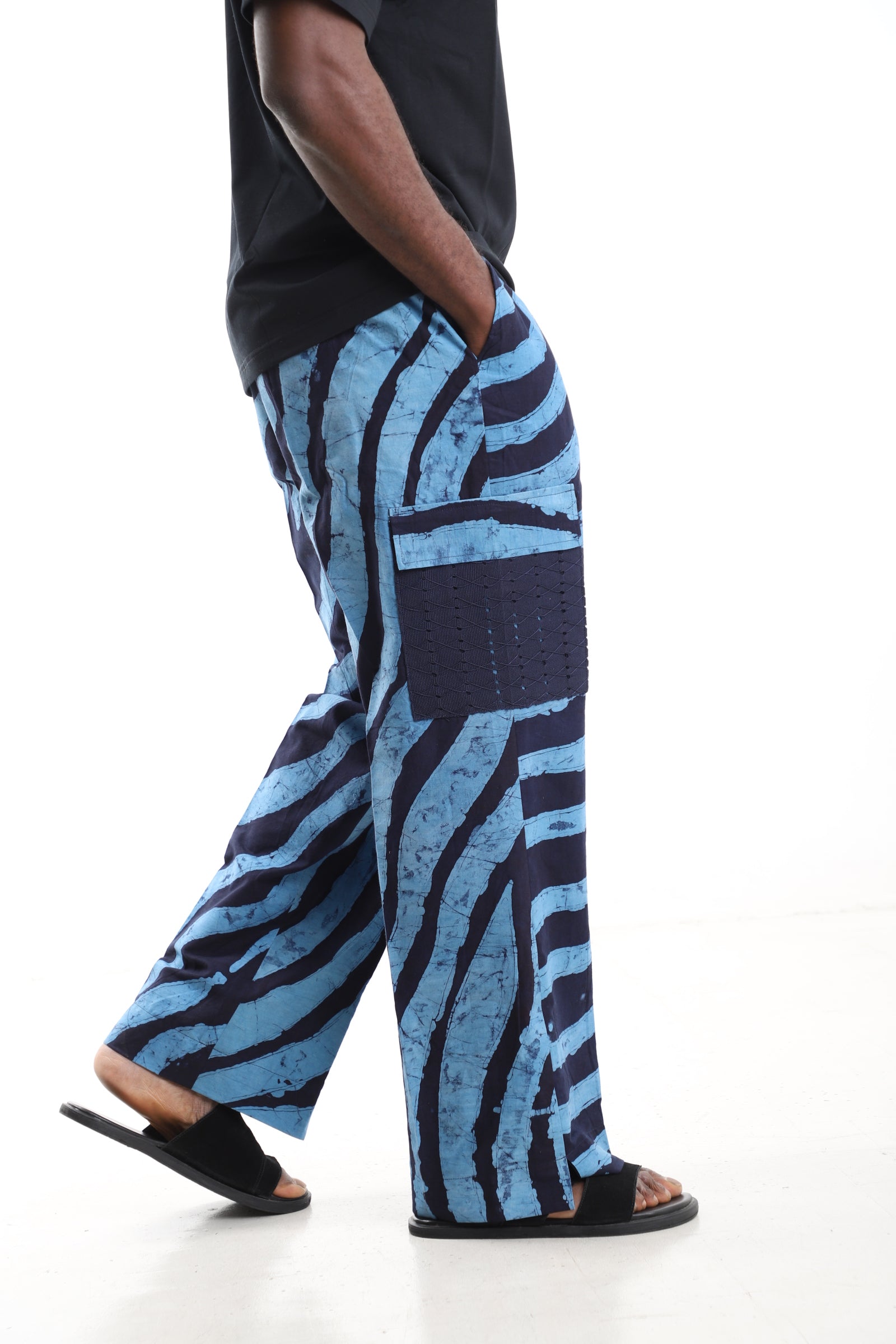 King Kaftan Blue Zebra Stripe Adire Cargo Pants – Side View – African men's fashion Nigeria