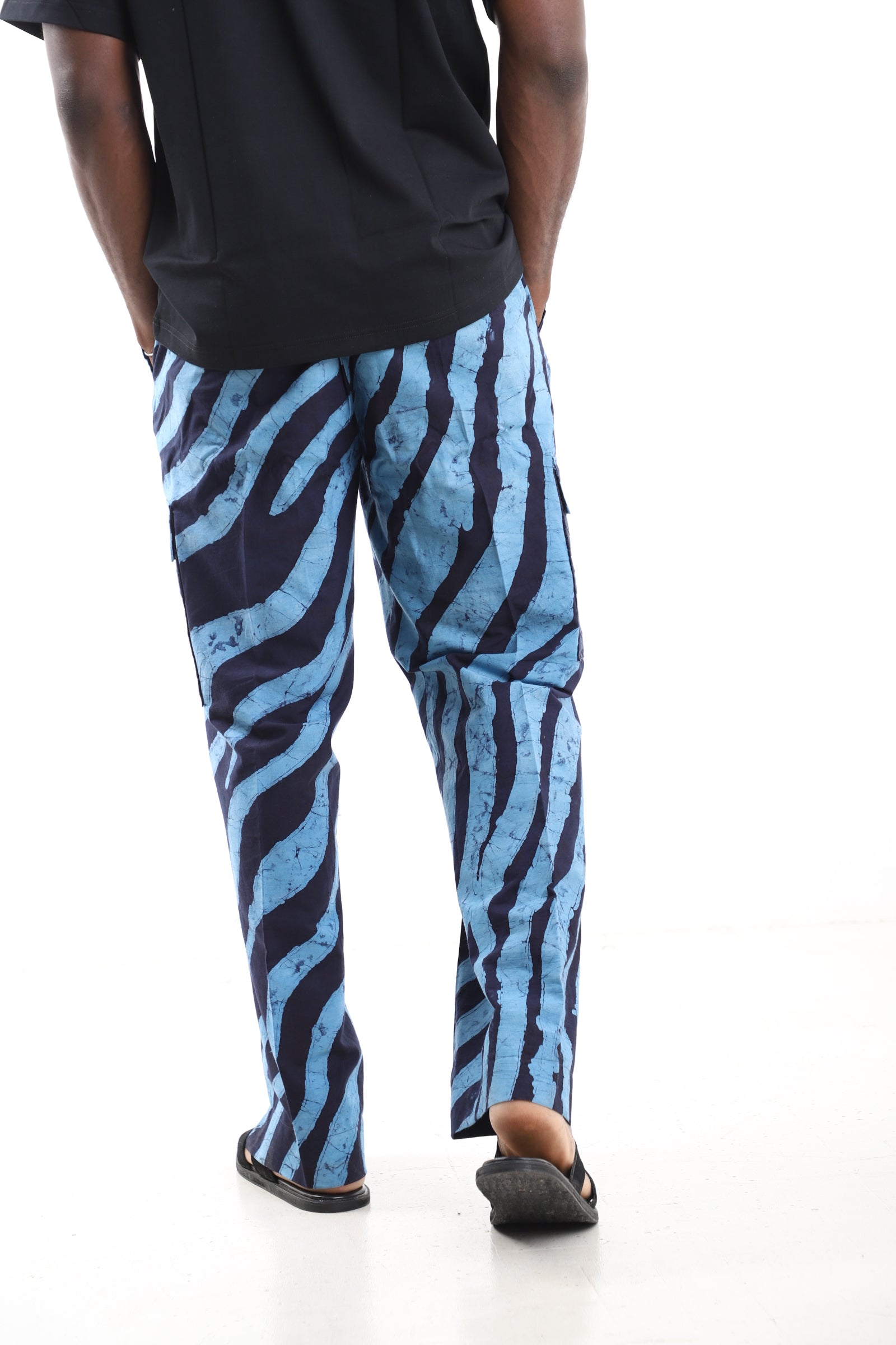 King Kaftan Blue Zebra Stripe Adire Cargo Pants – Back View – African men's fashion Nigeria