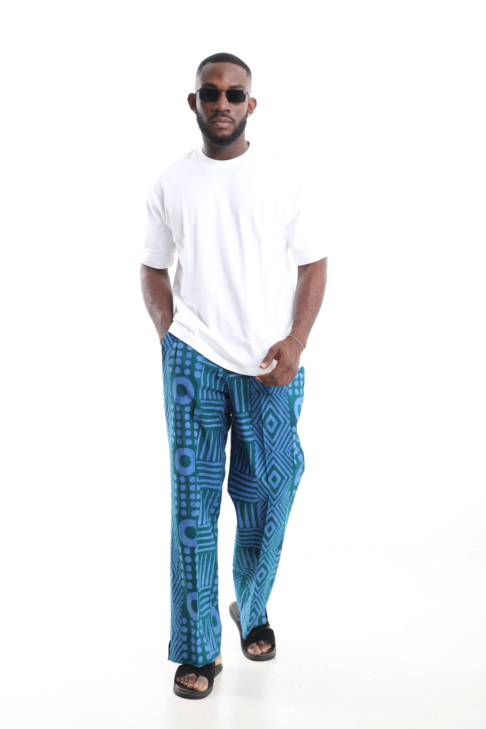 King Kaftan Teal Geometric Adire Cargo Pants Set with Oversized White T-Shirt – Front View – African men's fashion Nigeria