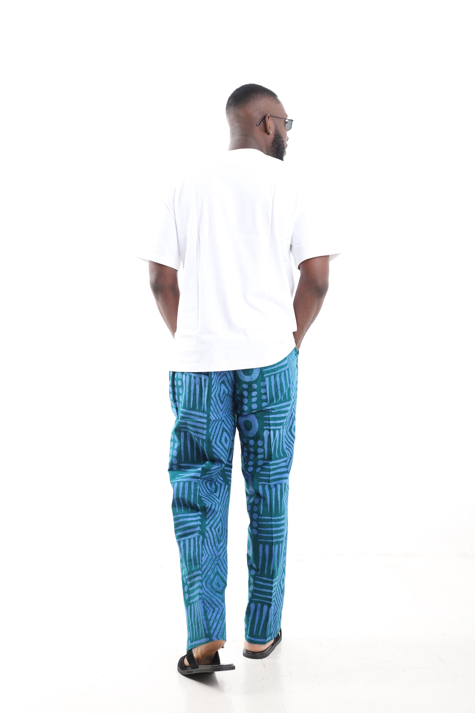 King Kaftan Teal Geometric Adire Cargo Pants Set with Oversized White T-Shirt – Back View – African men's fashion Nigeria