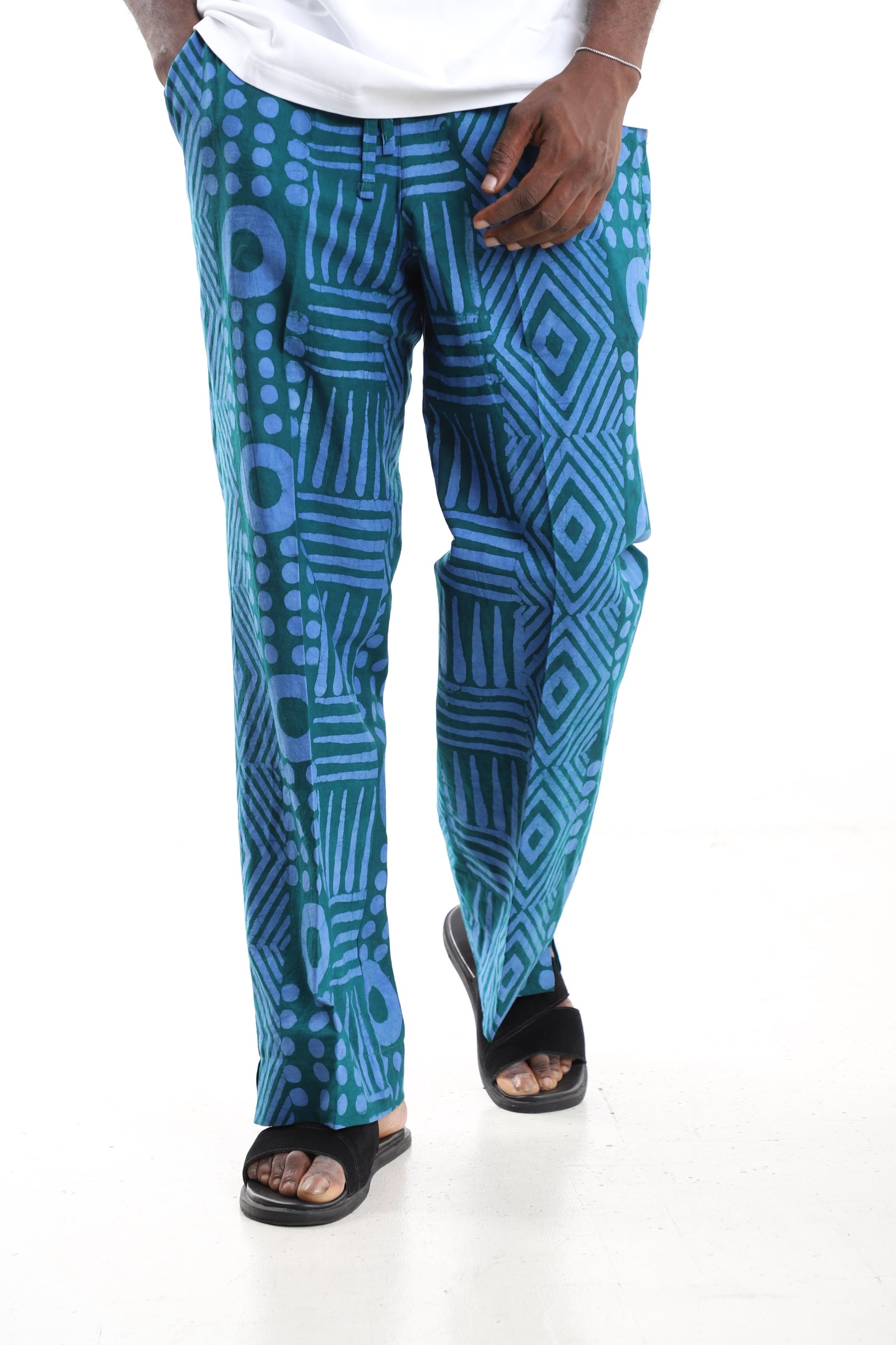 King Kaftan Teal Geometric Adire Cargo Pants – Front View – African men's fashion Nigeria