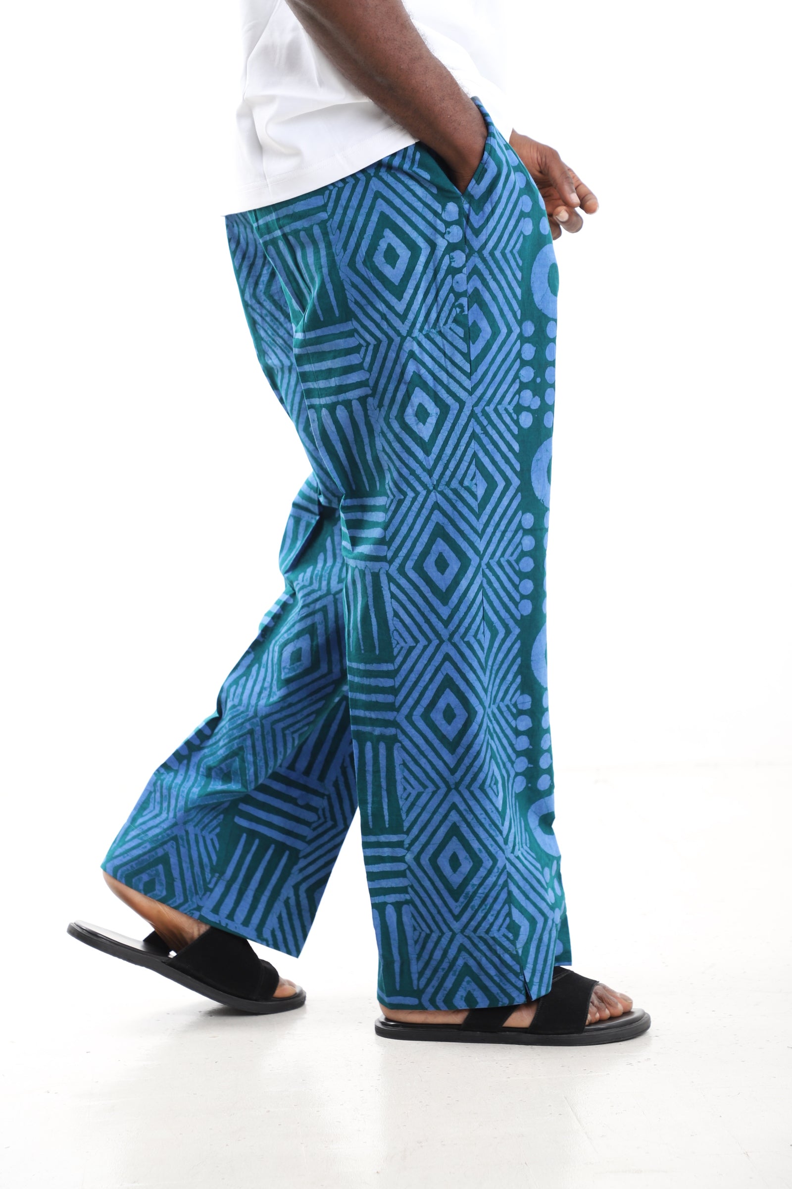 King Kaftan Teal Geometric Adire Cargo Pants – Side View – African men's fashion Nigeria