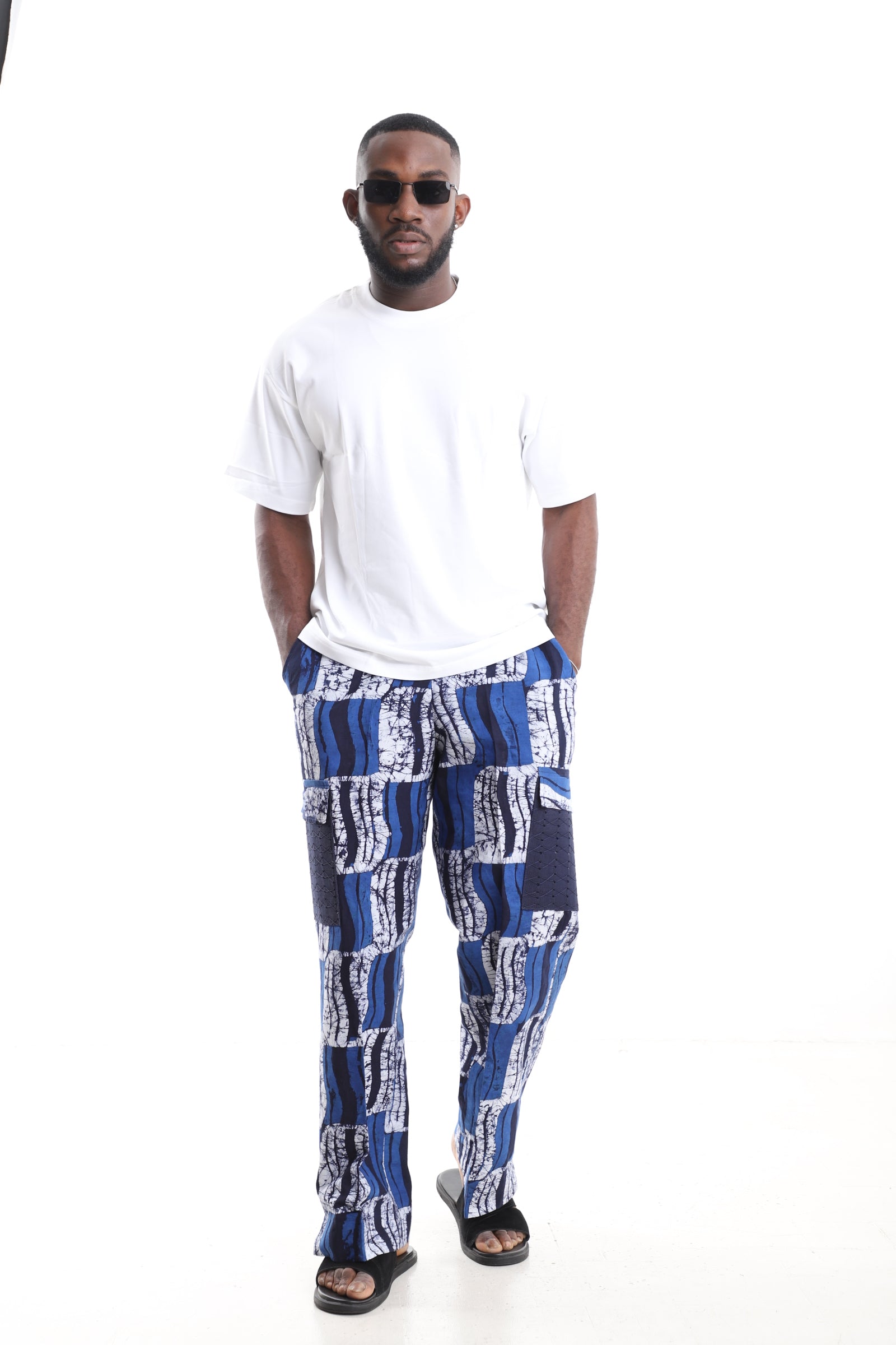 King Kaftan Blue Wave Adire Cargo Pants Set with Oversized White T-Shirt – Front View – African men's fashion Nigeria