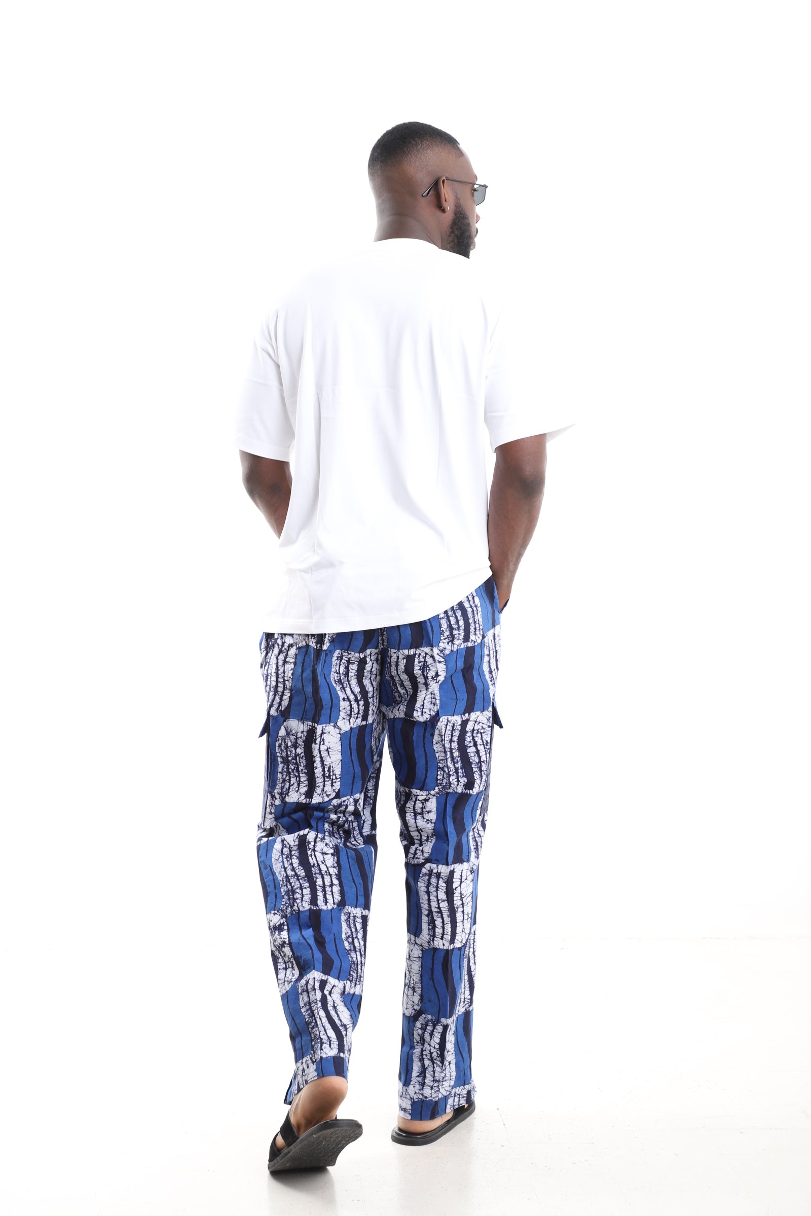 King Kaftan Blue Wave Adire Cargo Pants Set with Oversized White T-Shirt – Back View – African men's fashion Nigeria