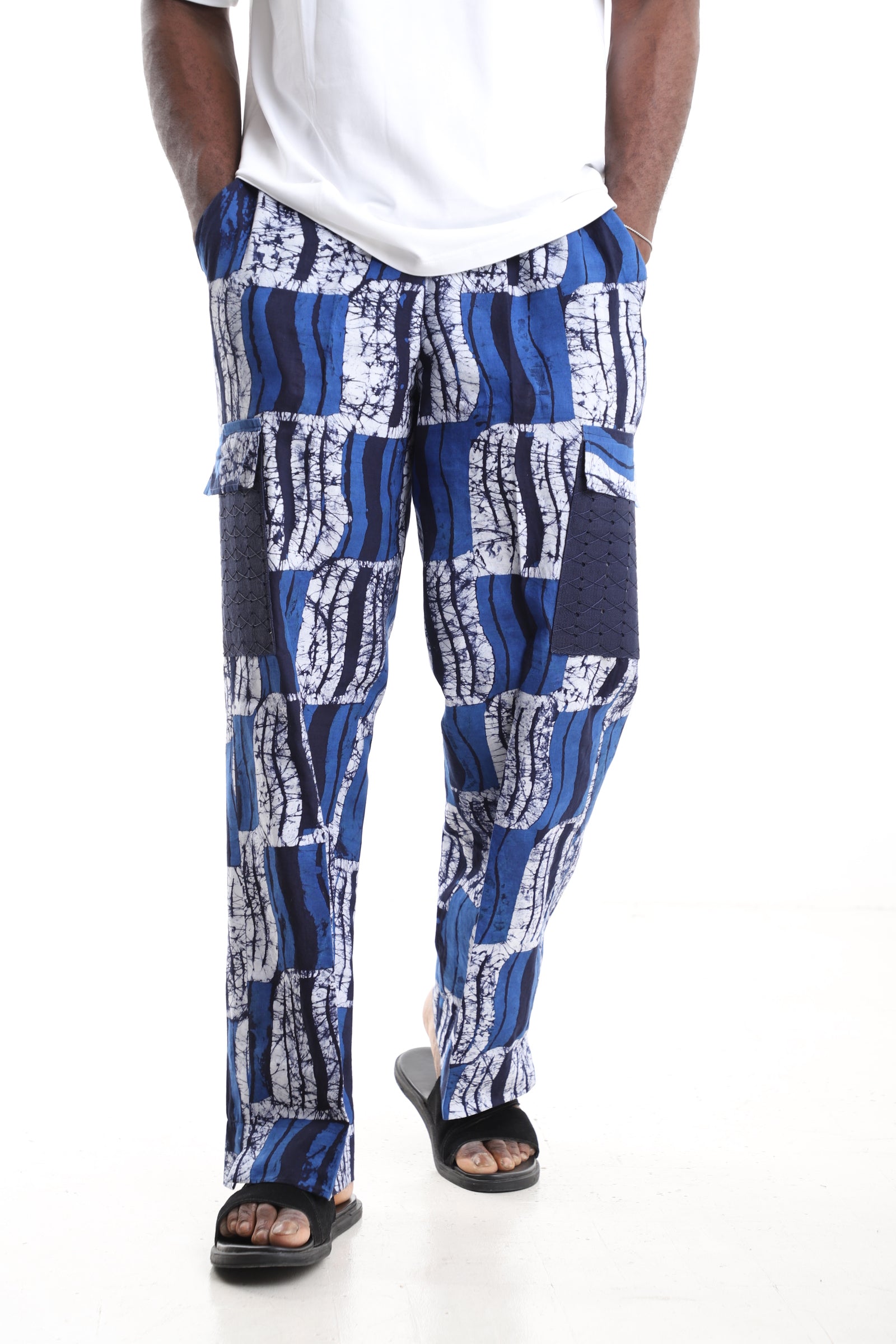 Blue Wave Adire Cargo Pants with Navy Mesh Pockets