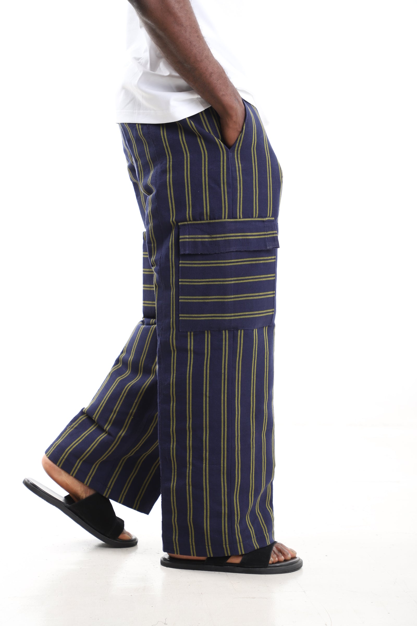 Navy and Olive Handwoven Aso-Oke Striped Wide-Leg Cargo Pants