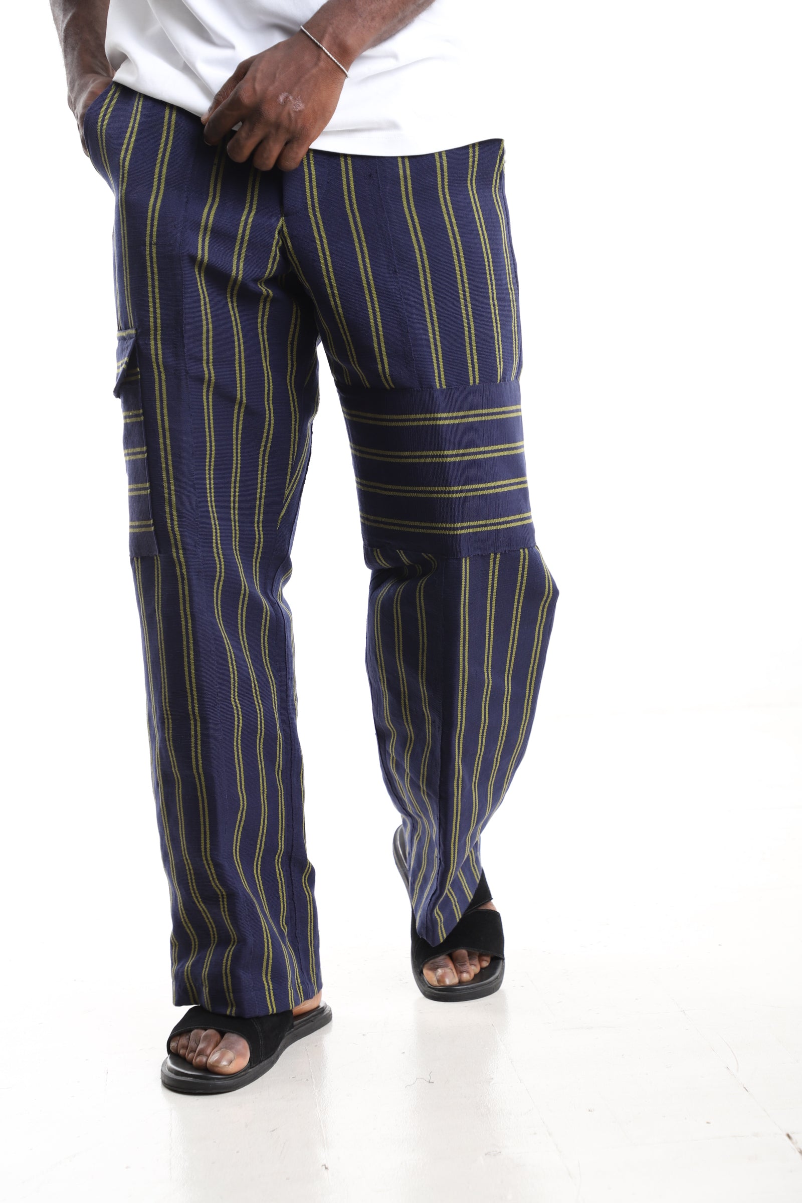 Navy and Olive Handwoven Aso-Oke Striped Wide-Leg Cargo Pants