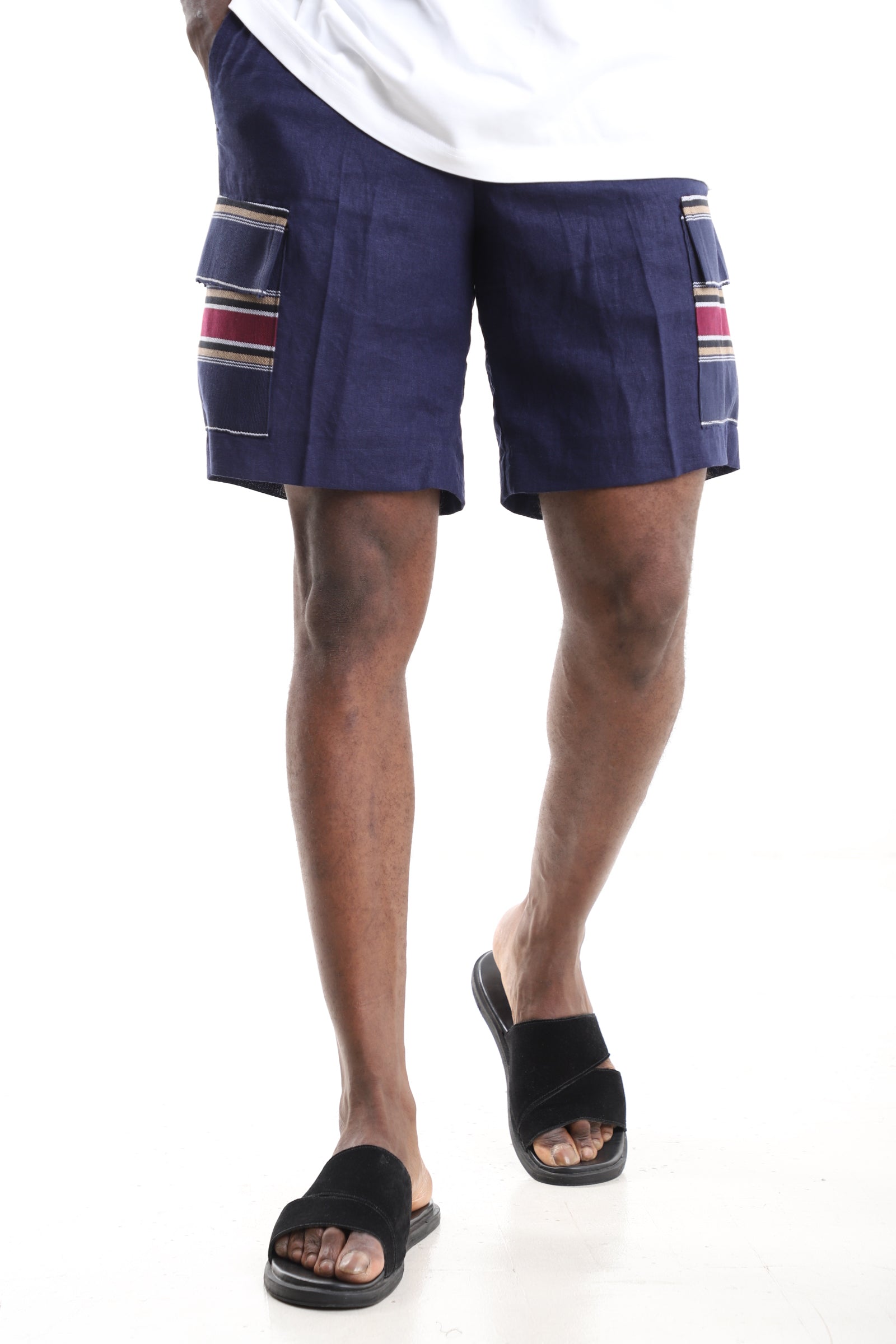 King Kaftan Navy Linen Cargo Shorts – Front View – African men's fashion Nigeria
