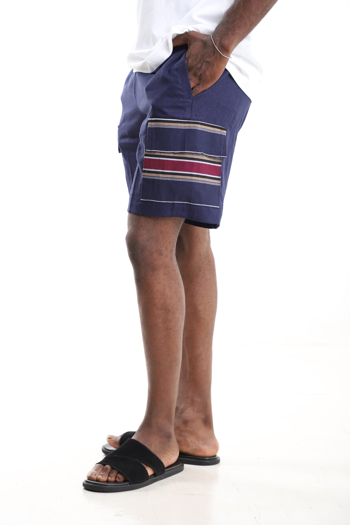 King Kaftan Navy Linen Cargo Shorts – Side View – African men's fashion Nigeria