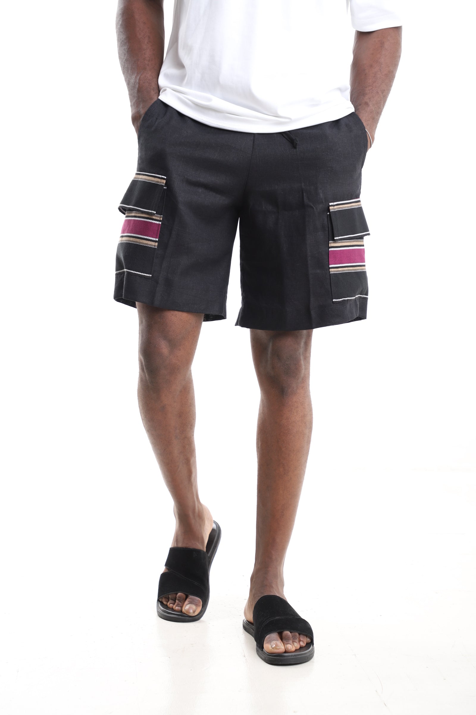 Black Pure Linen Cargo Shorts with Striped Aso-Oke Pocket Flaps