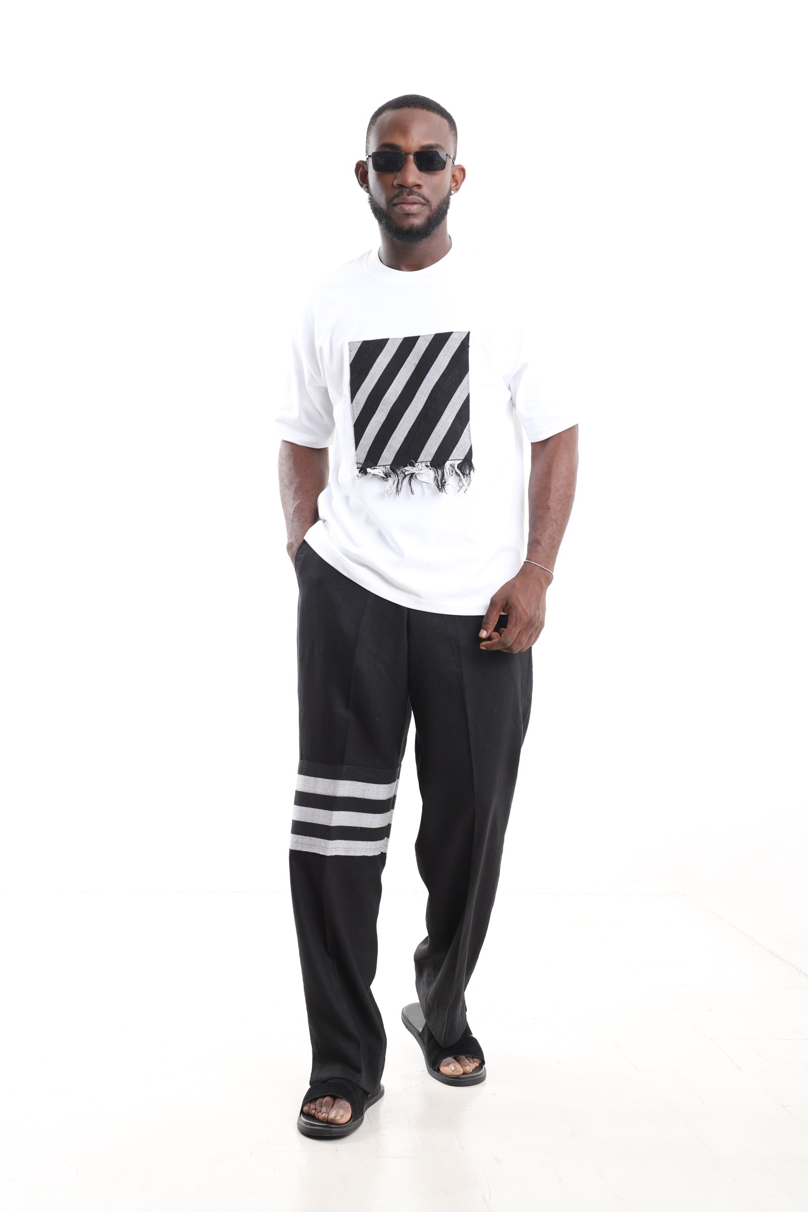 Two-Piece Linen Pants and T-Shirt Set with Aso-Oke Accents