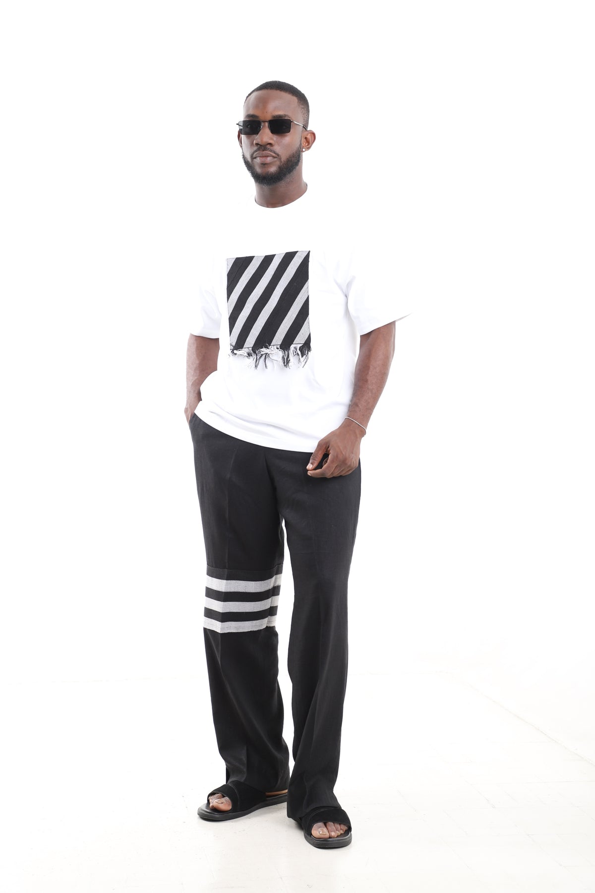 Two-Piece Linen Pants and T-Shirt Set with Aso-Oke Accents